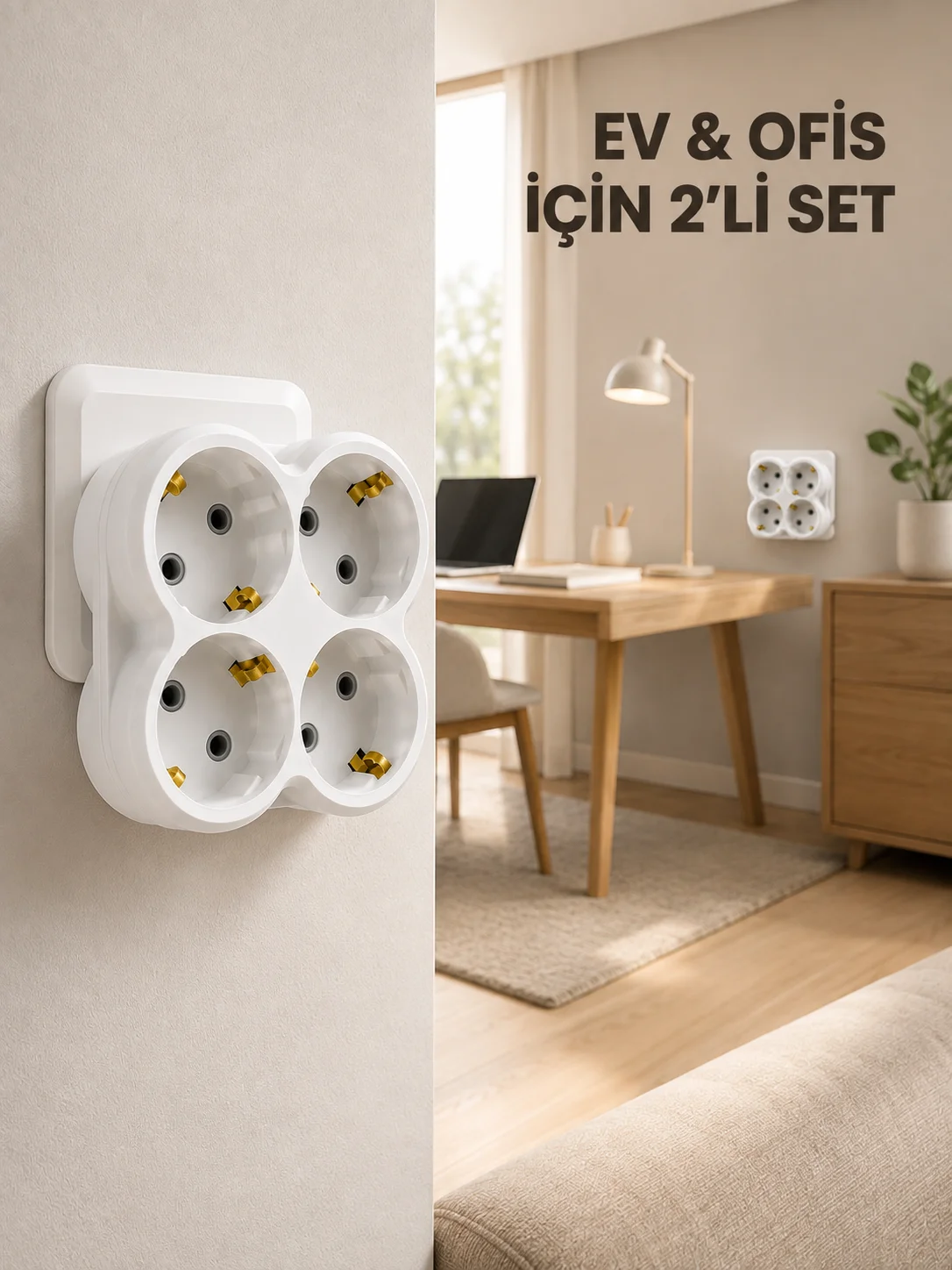 2’li Set Kablosuz 4’lü Priz Çoklayıcı Direkt Duvar Prizine Takılan Adaptör