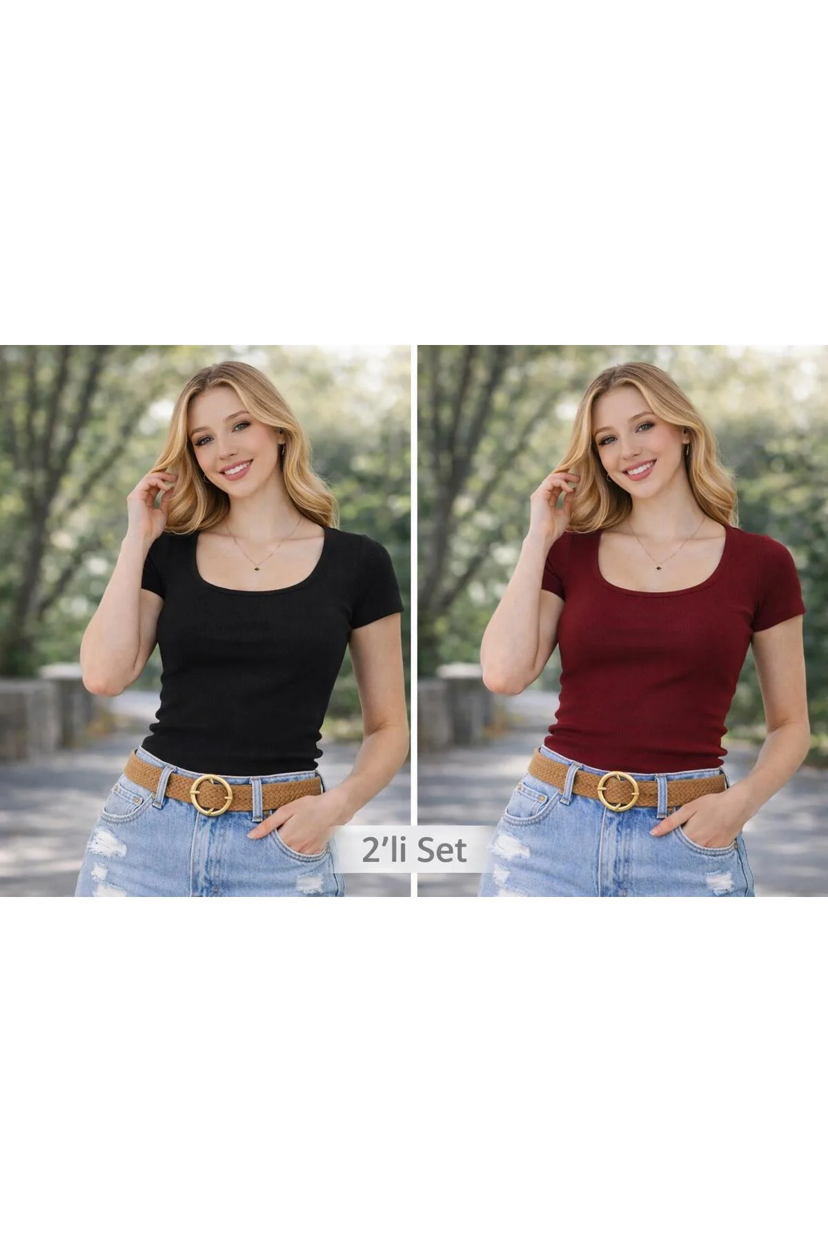 2'li Set Kadın U Yaka Basic Bluz, Esnek Fitilli Günlük T-Shirt, T