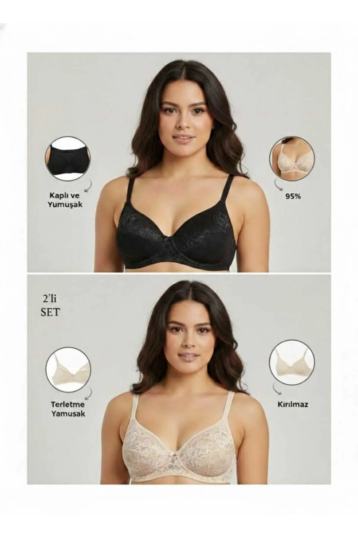2'li Set Kaplı Emzirme Sütyeni-Siyah-Ekru