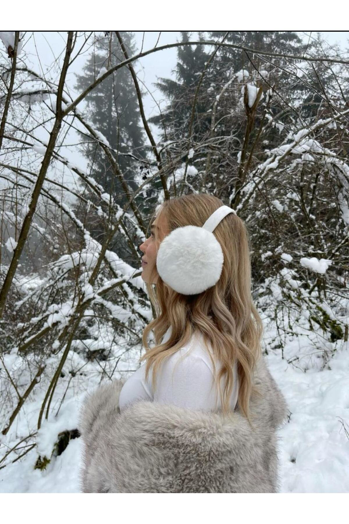 2'li Set Siyah ve Beyaz Peluş Katlanabilir Kulaklık,Soğuktan Koru