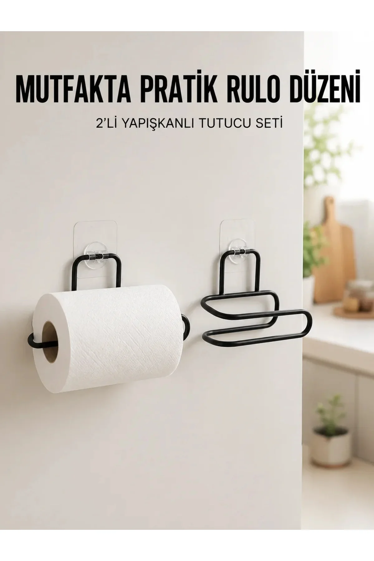 2’li Siyah Metal Rulo Kağıt Tutucu Yapışkanlı Banyo ve Mutfak Kağıtlık