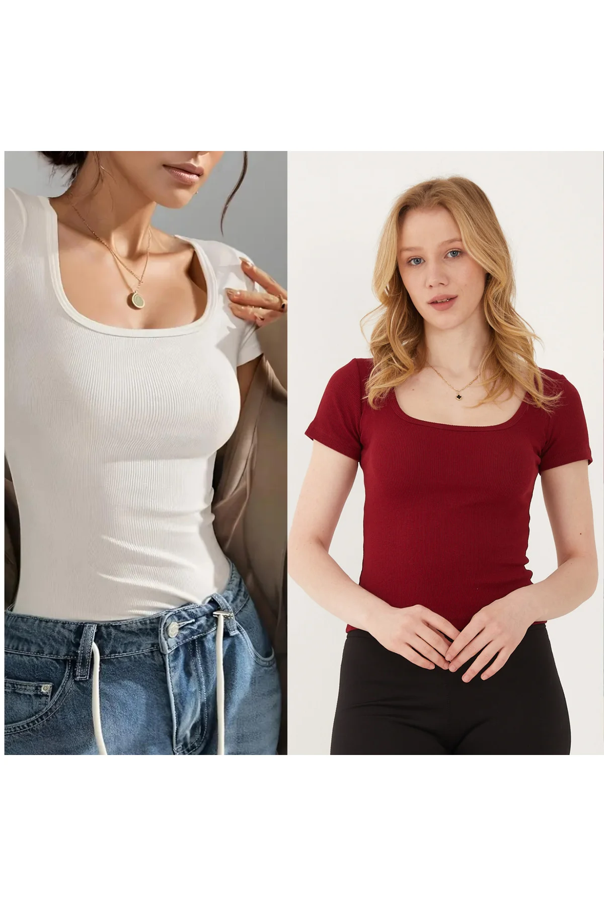 2'li Takım Kaşkorse Kumaş Fitilli Göğüs Dekolteli Kısa Kollu Bluz, T-Shirt 2'li Takım Kaşkorse Kumaş Fitilli Göğüs Dekolteli Kısa Kollu Bluz, T-Shirt