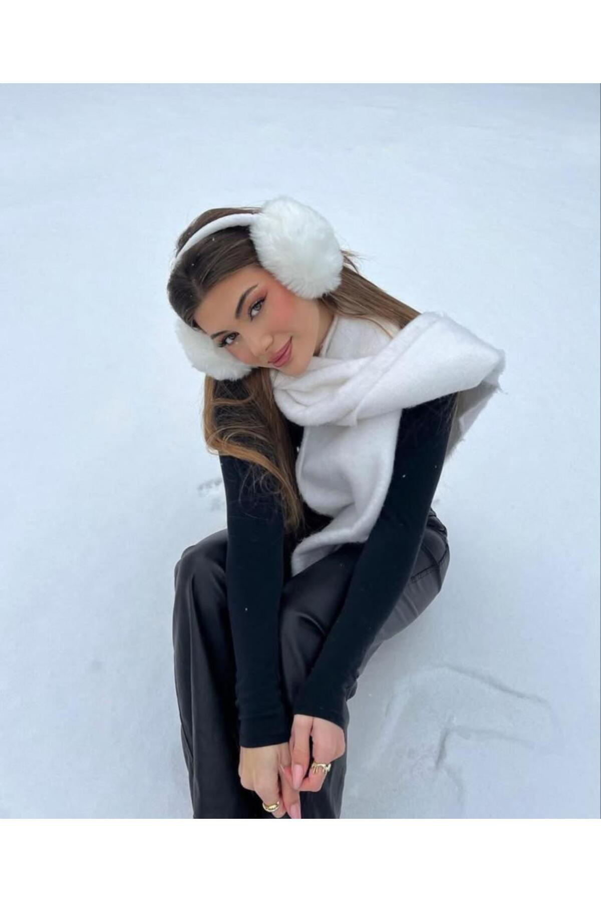 2'li Tk. Beyaz Peluş Kulaklık ve Soft Atkı Takımı, Kışlık Kulaklı