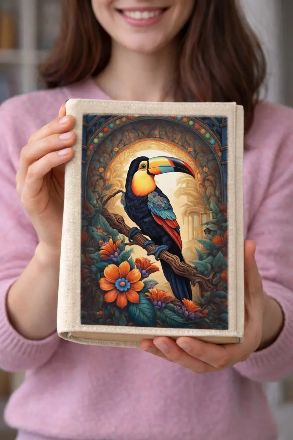 2'li Tukan Kuşu Desenli Bez Kitap Kılıfı – Sanatsal Baskılı Kumaş