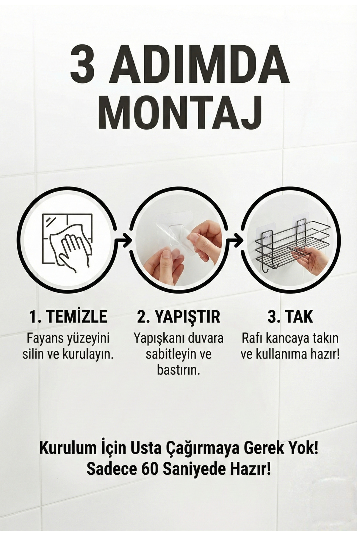 2'li Yapışkanlı Banyo Ve Mutfak Rafı 30 cm Siyah Duş Rafı Organiz