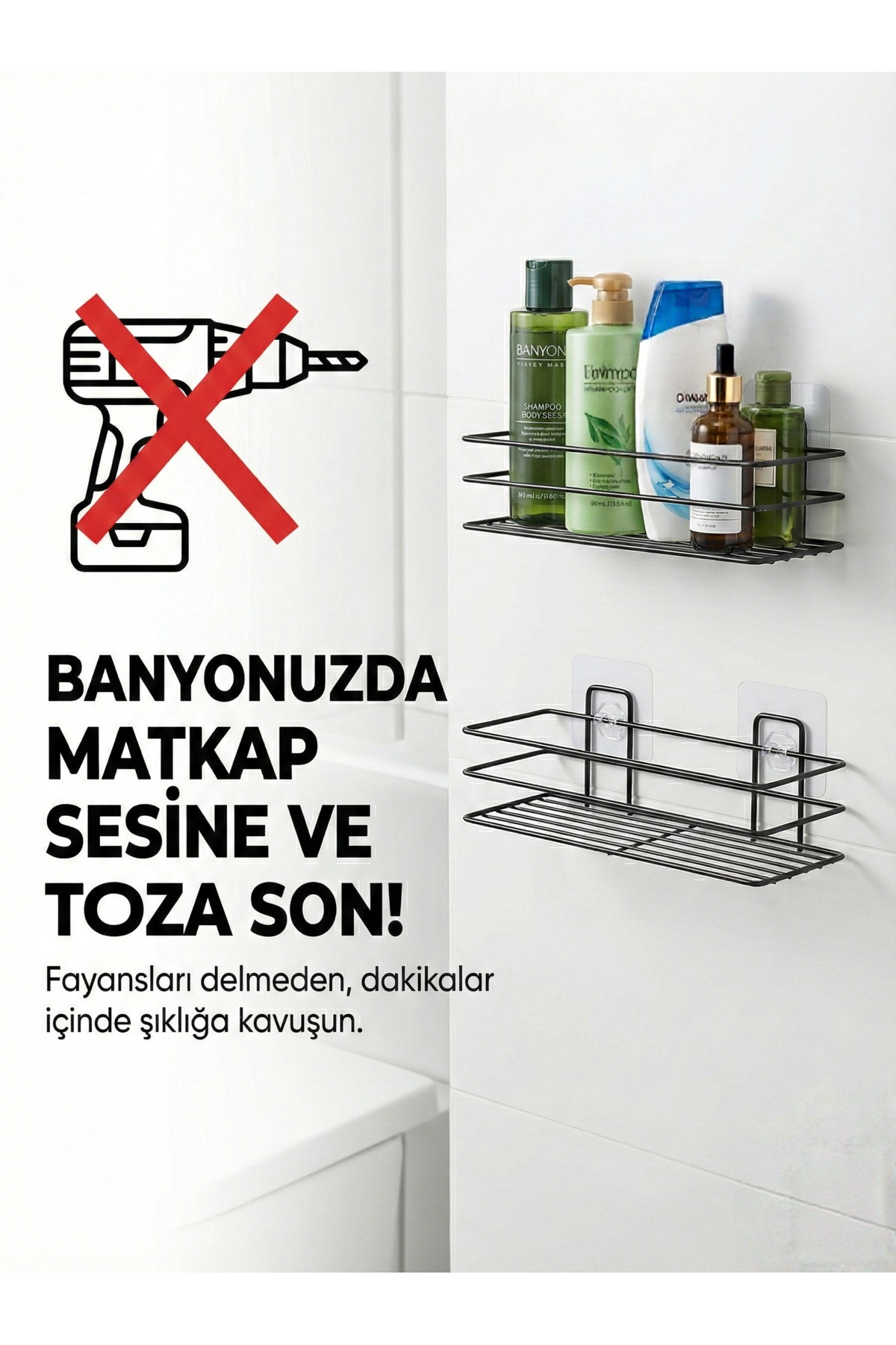 2'li Yapışkanlı Banyo Ve Mutfak Rafı 30 cm Siyah Duş Rafı Organiz