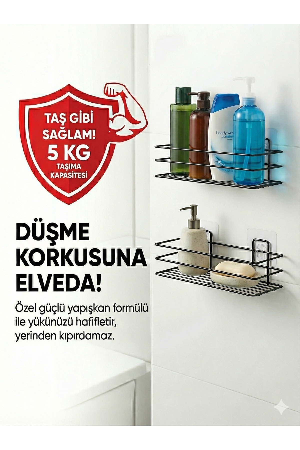 2'li Yapışkanlı Banyo Ve Mutfak Rafı 30 cm Siyah Duş Rafı Organiz