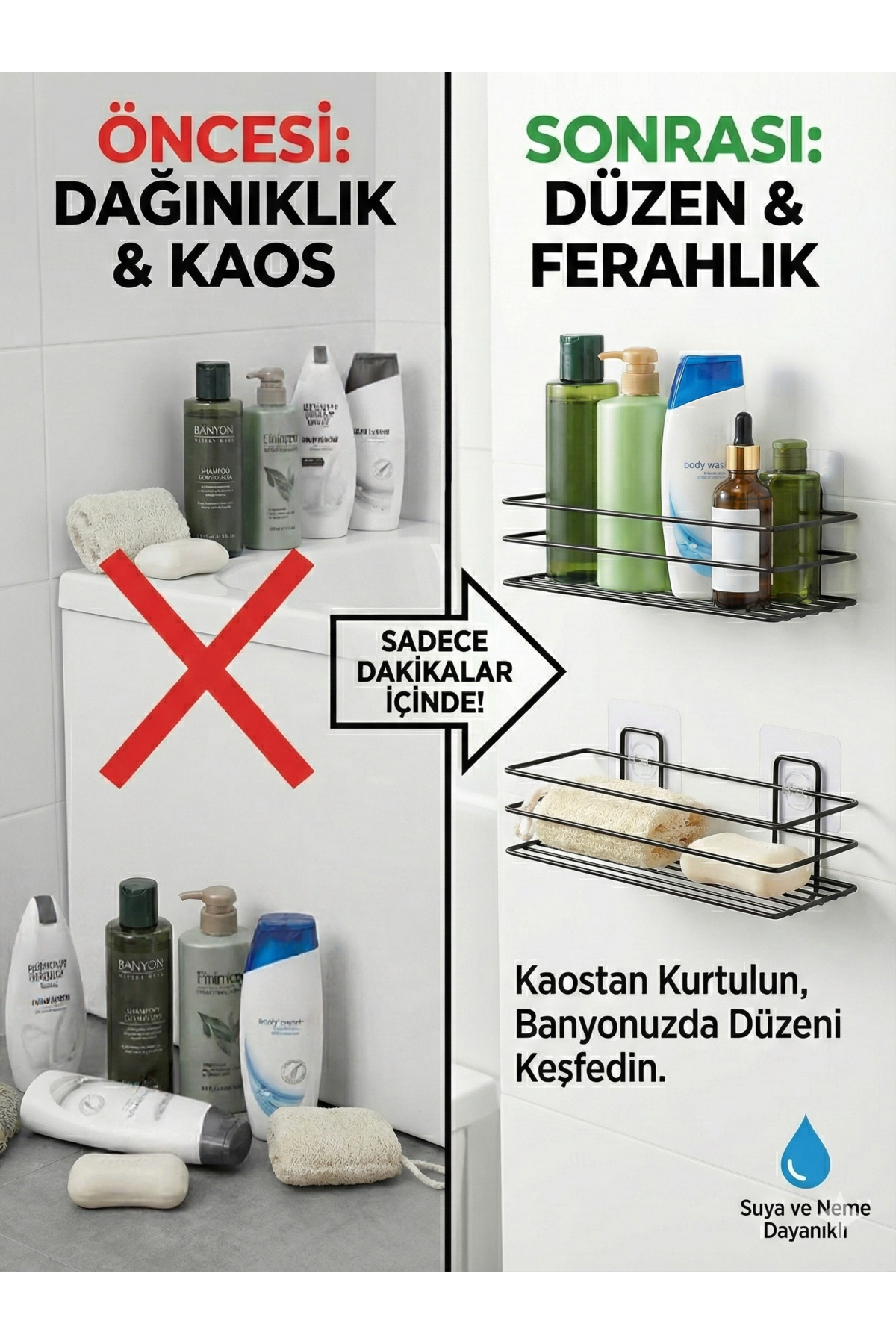 2'li Yapışkanlı Banyo Ve Mutfak Rafı 30 cm Siyah Duş Rafı Organiz