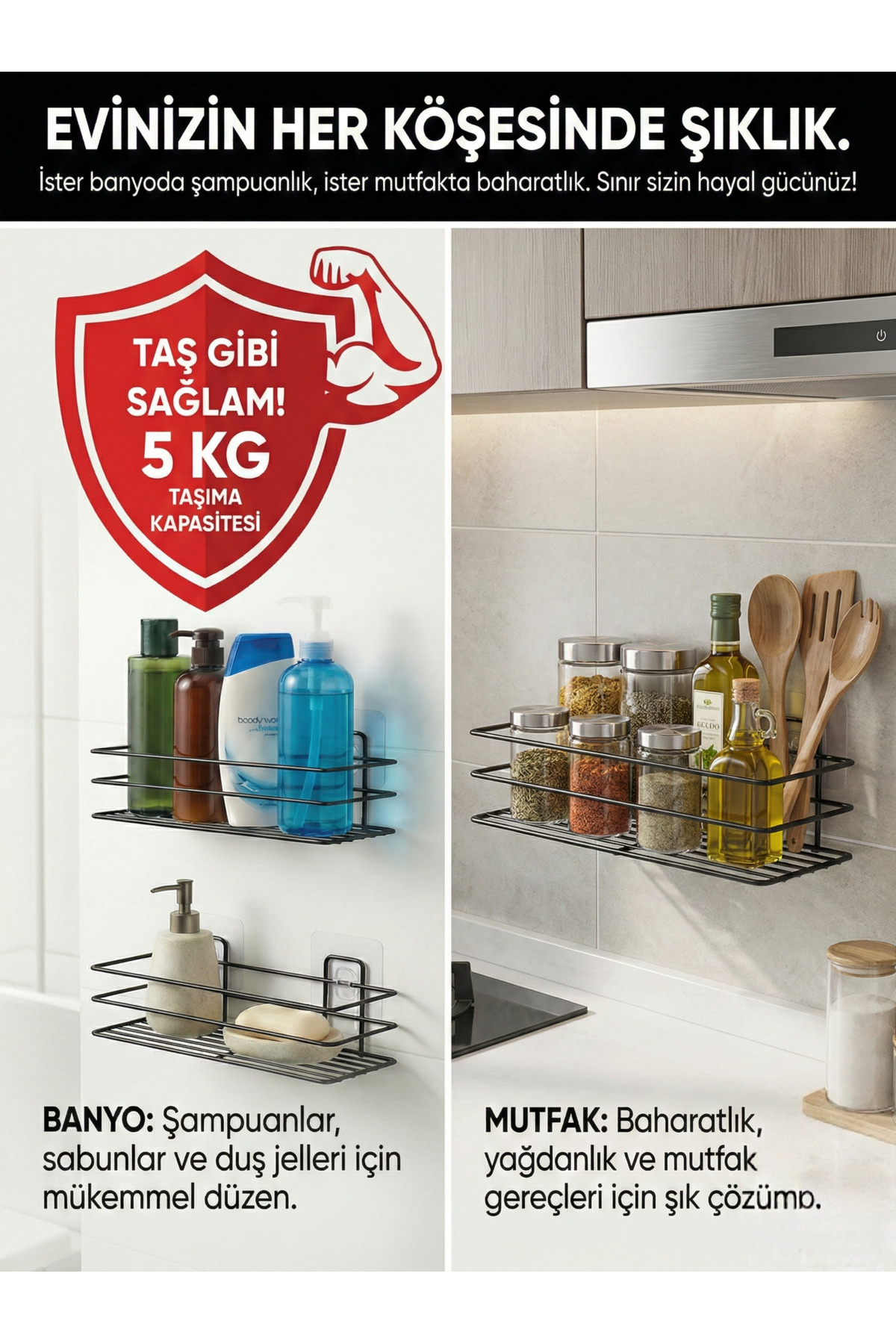 2'li Yapışkanlı Banyo Ve Mutfak Rafı 30 cm Siyah Duş Rafı Organiz