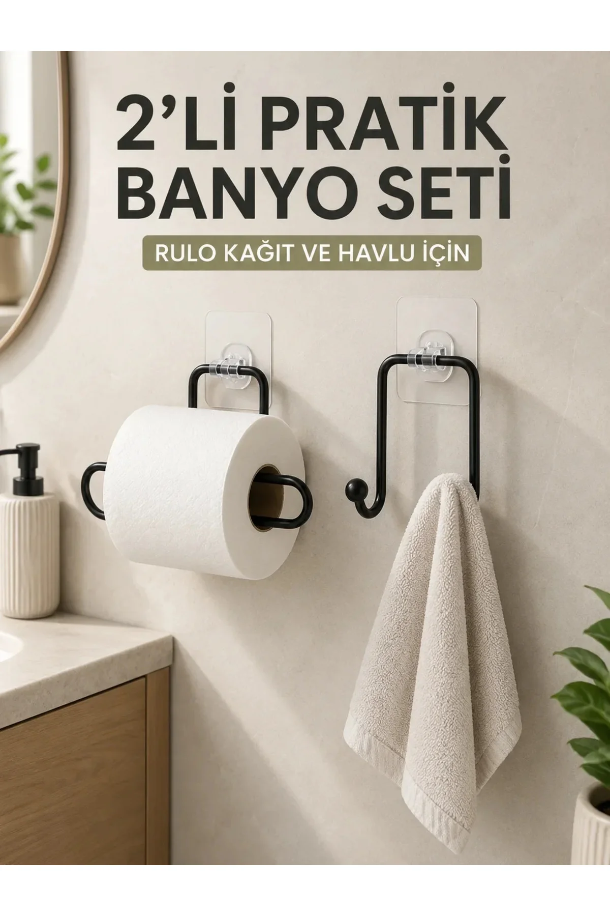 2’li Yapışkanlı Banyo Düzenleme Seti Rulo Kağıt Tutucu ve Havlu Askılığı