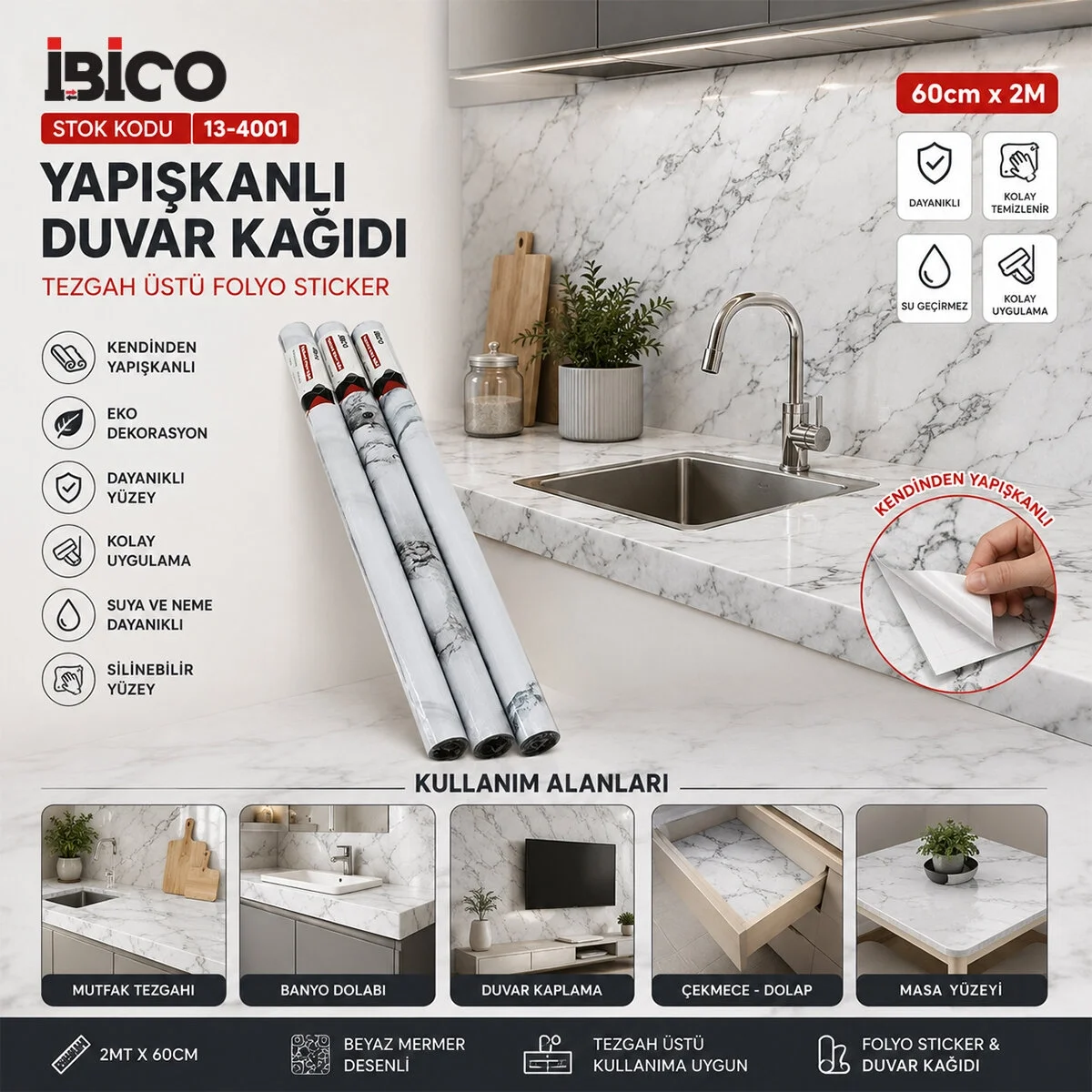 2mt X 60cm Beyaz Mermer Desenli Tezgah Üstü Folyo Sticker - Duvar Kağıt Kendinden Yapışkanlı - Eko Dekorasyon - Dayanıklı Bx40 Fiyatı, Yorumları ve Özellikleri