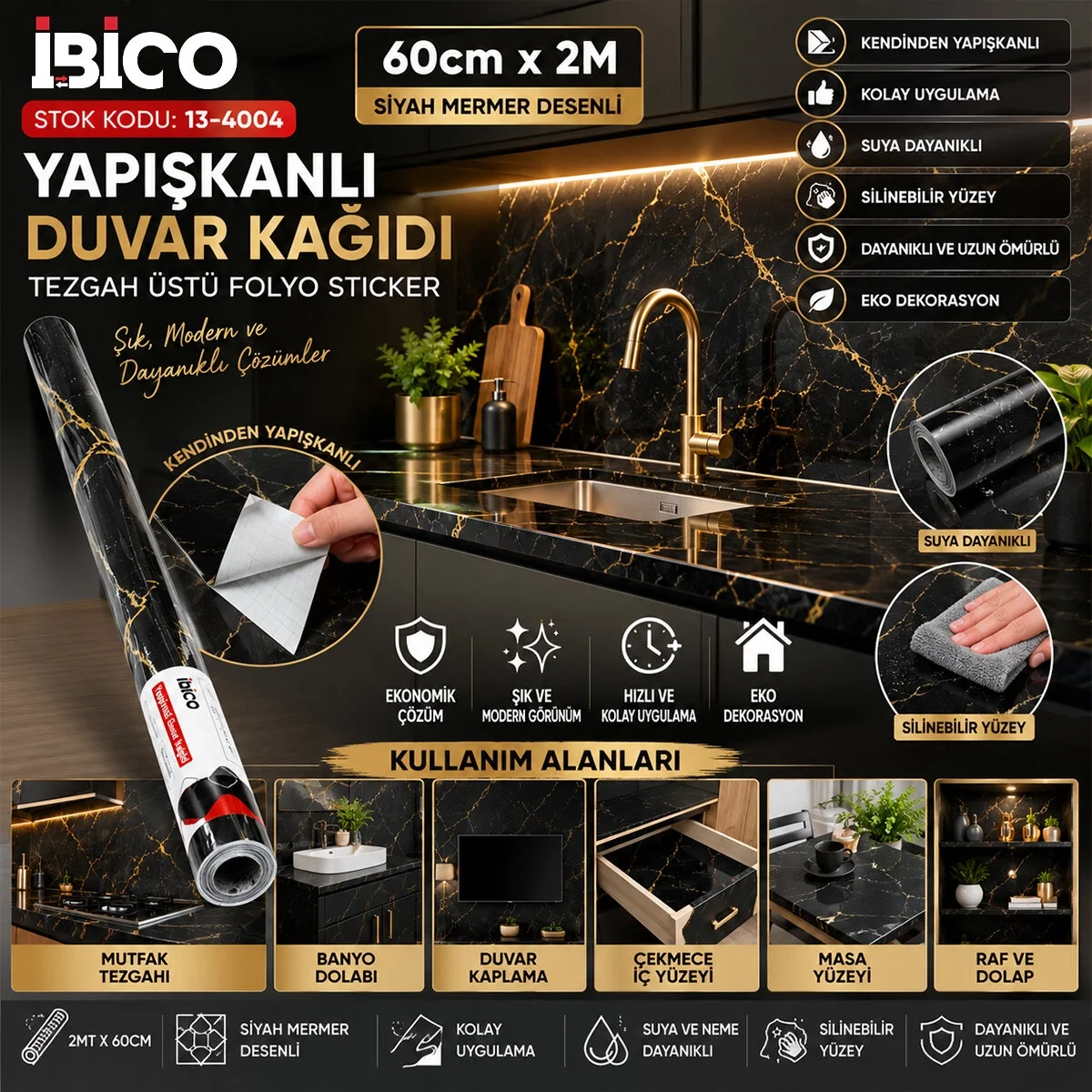 2mt X 60cm Siyah Mermer Desenli Tezgah Üstü Folyo Sticker - Duvar Kağıt Kendinden Yapışkanlı - Eko Dekorasyon - Dayanıklı Bx40 Fiyatı, Yorumları ve Özellikleri