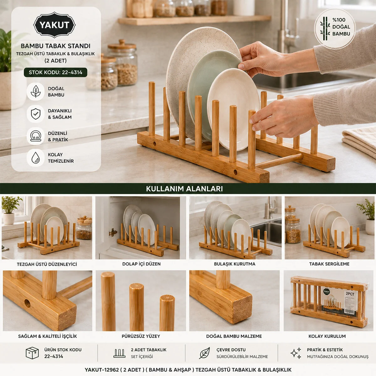 2PCS Bambu - Ahşap Tezgah Üstü Tabaklık - Bulaşıklık 2PCS Bambu - Ahşap Tezgah Üstü Tabaklık - Bulaşıklık
