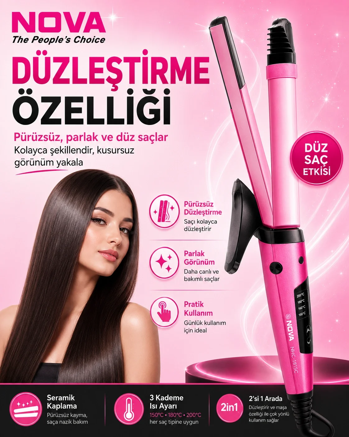 2’si 1 Arada Saç Düzleştirici ve Bukle Yapıcı Seramik Plakalı Saç Şekillendirici