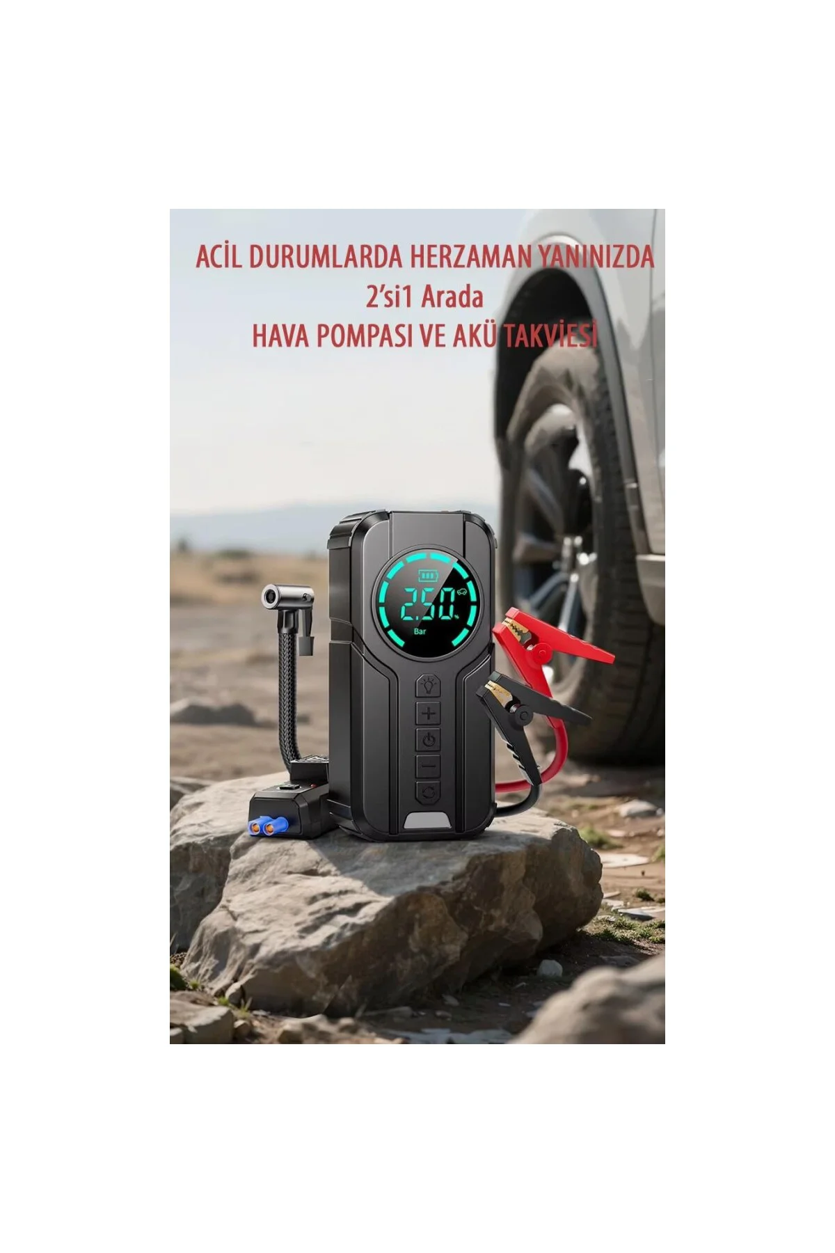2’si 1 Arada Taşınabilir Akü Takviye Cihazı ve Lastik Hava Pompas