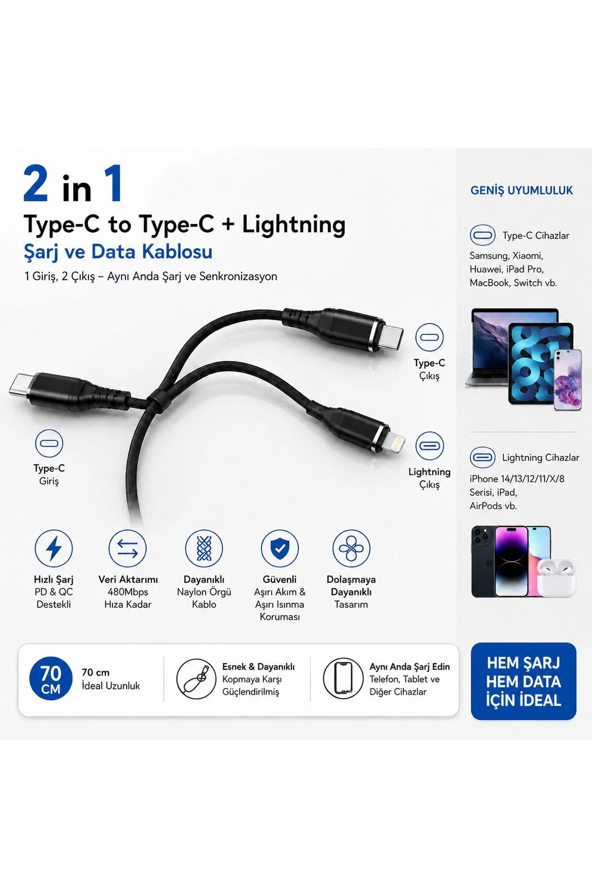 2’si 1 Arada Type-C to Type-C + Lightning Hızlı Şarj ve Data Kablosu 70 CM PD & QC Destekli