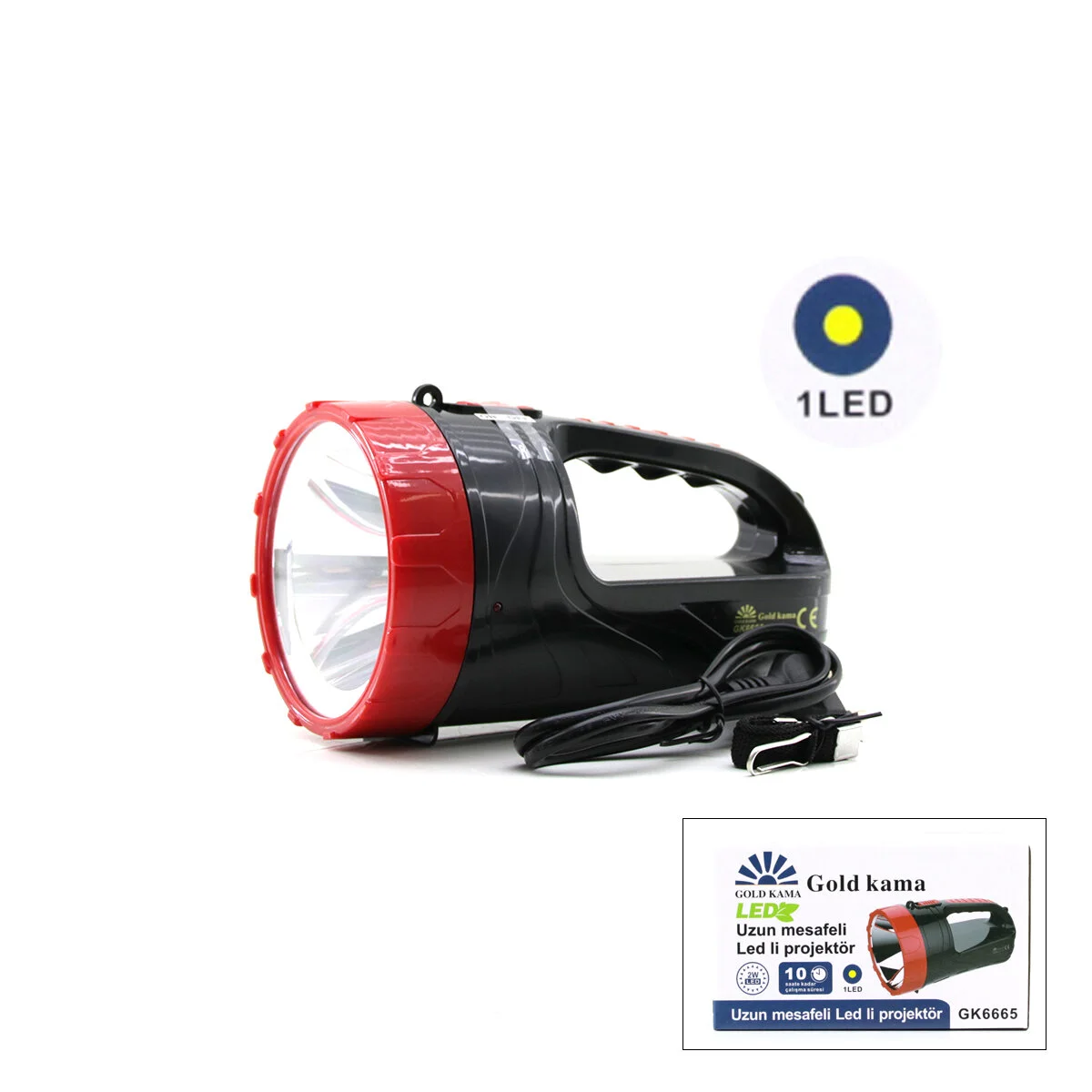 2W Tek Ledli El Feneri Projektör Fiş Şarjlı 2 Kademe Işık Ayarı GK-6665