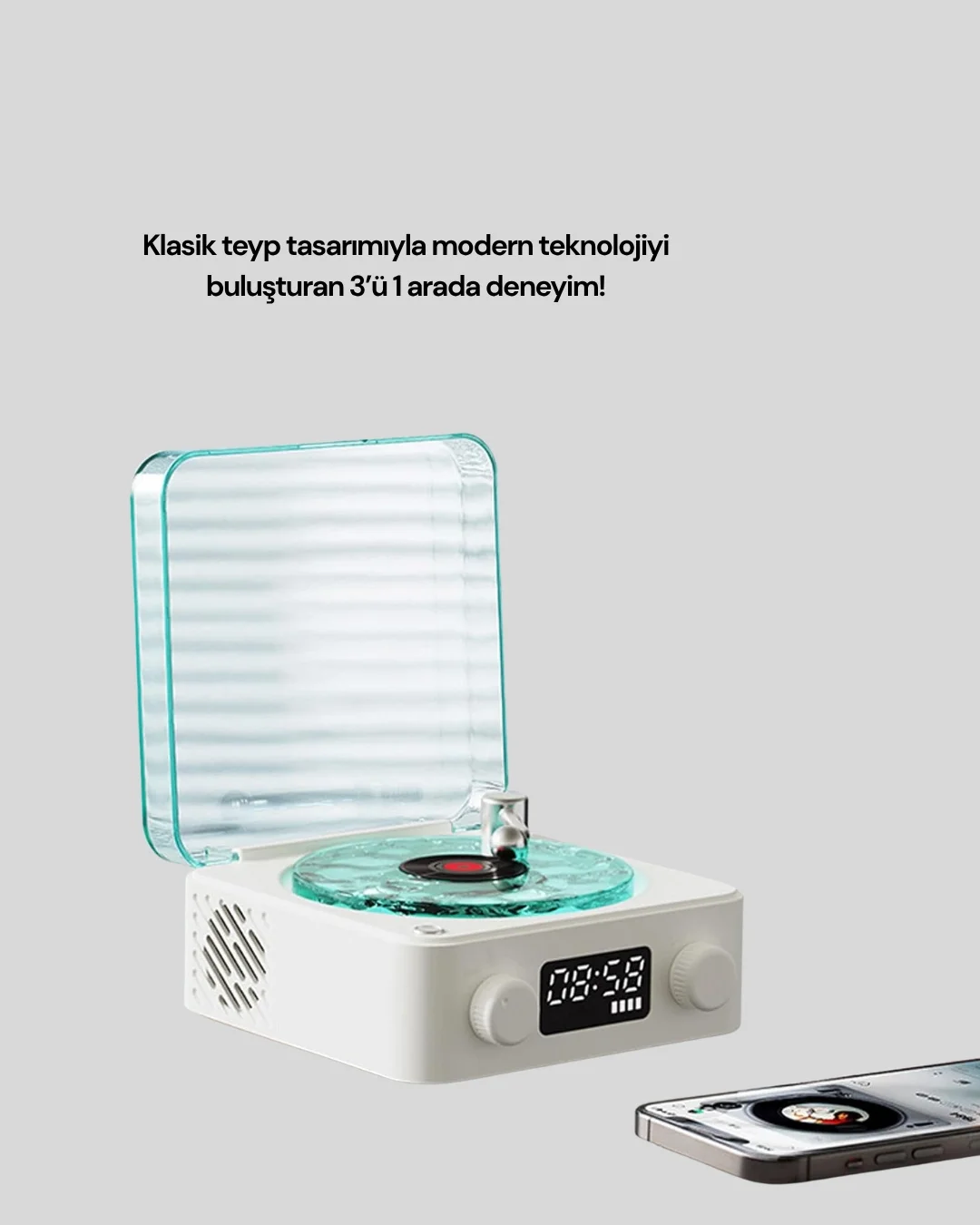 3-1 Kablosuz Bluetooth Hoparlör – Gece Lambalı, Saatli, Retro Tasarım