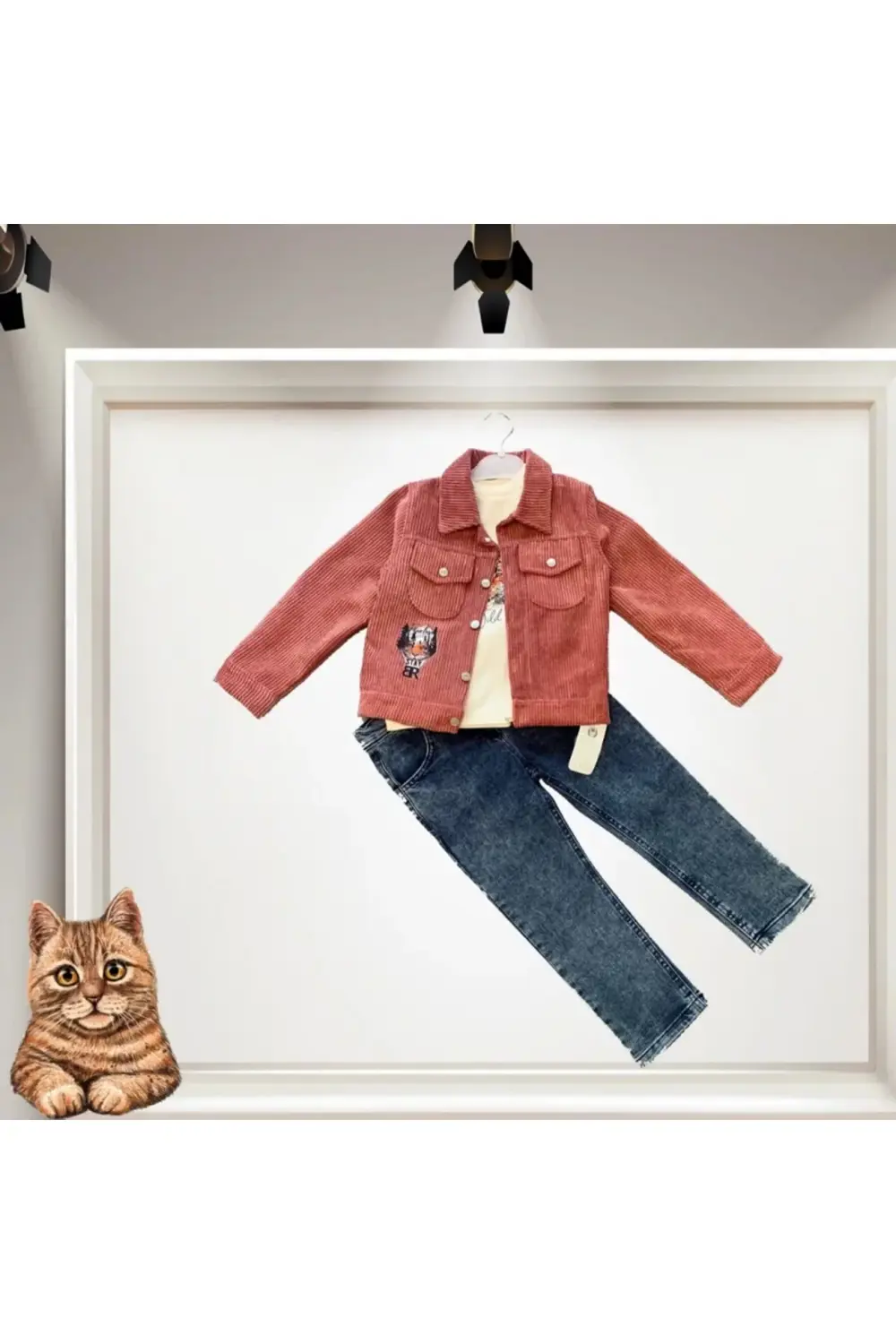 3-4-5 Yaş Fitilli Kadife Ceket Kot Pantolonlu 3lü Kız Erkek Çocuk