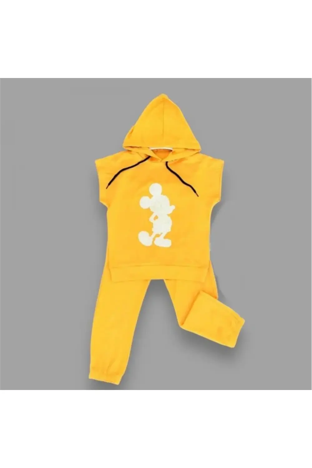 3-4-5 Yaş Kapşonlu Payetli Mickey Desenli Kısa Kol 2li Kız Erkek