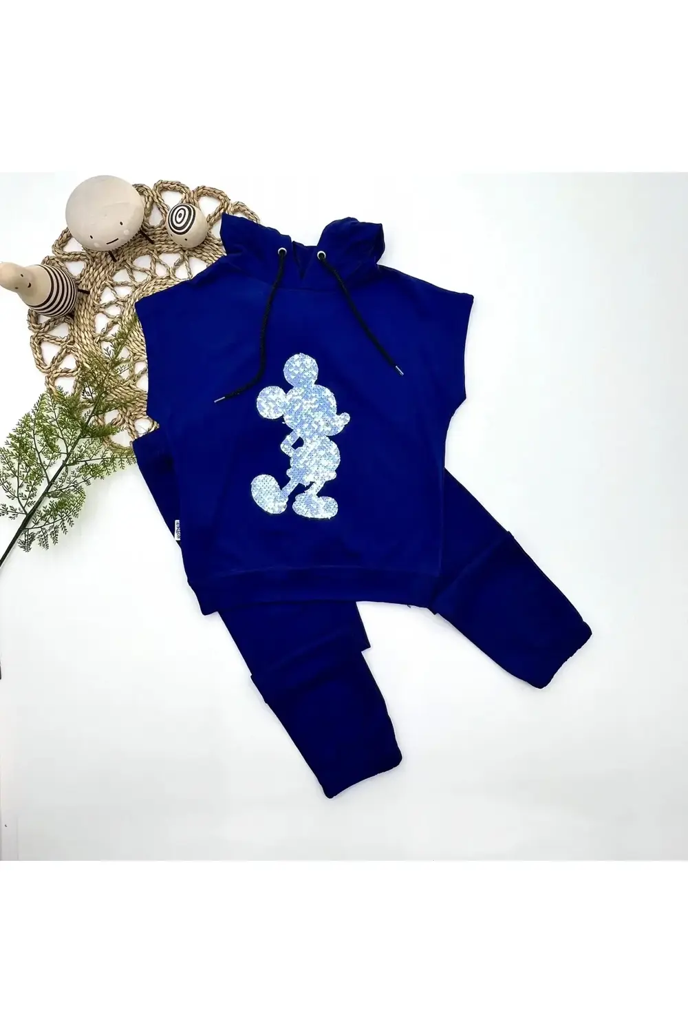 3-4-5 Yaş Kapşonlu Payetli Mickey Desenli Kısa Kol 2li Kız Erkek