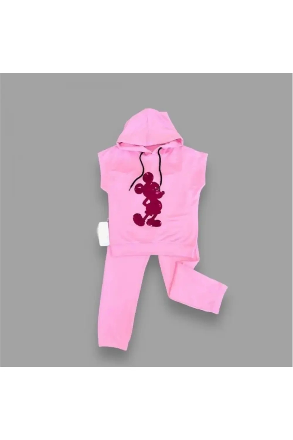 3-4-5 Yaş Kapşonlu Payetli Mickey Desenli Kısa Kol 2li Kız Erkek