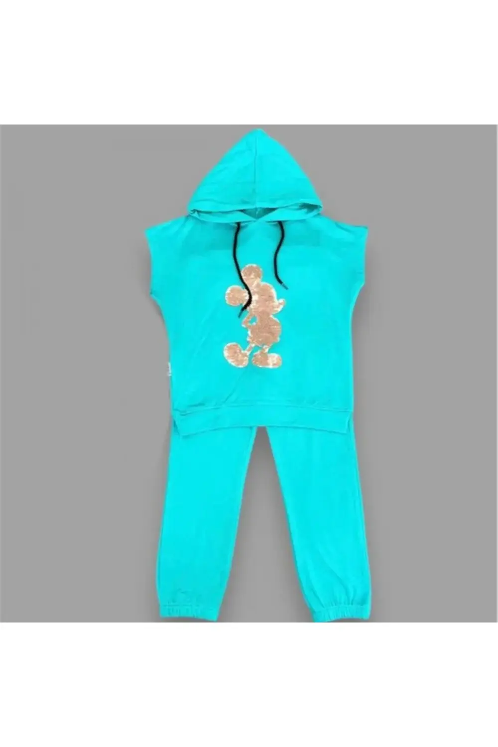 3-4-5 Yaş Kapşonlu Payetli Mickey Desenli Kısa Kol 2li Kız Erkek