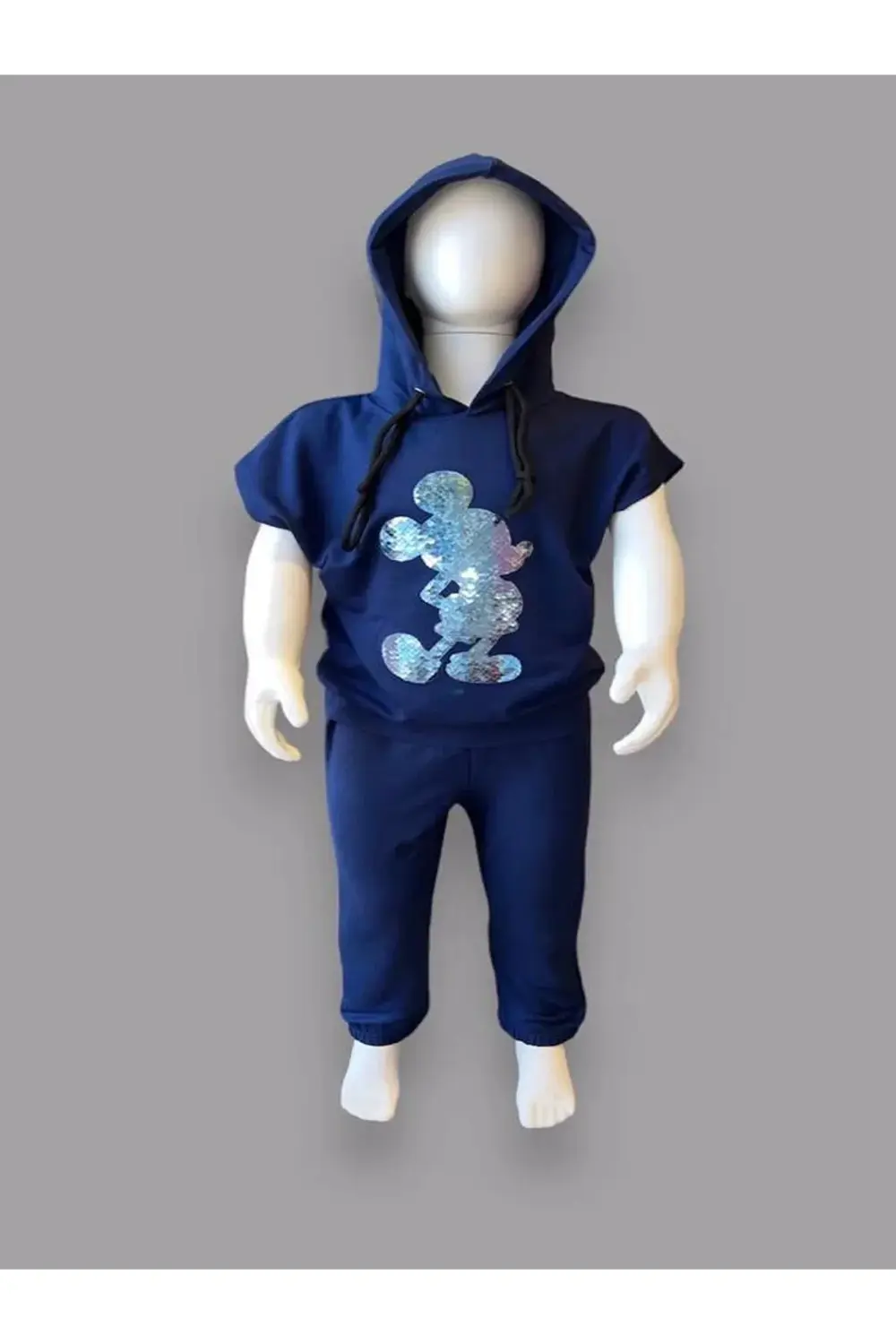 3-4-5 Yaş Kapşonlu Payetli Mickey Desenli Kısa Kol 2li Kız Erkek