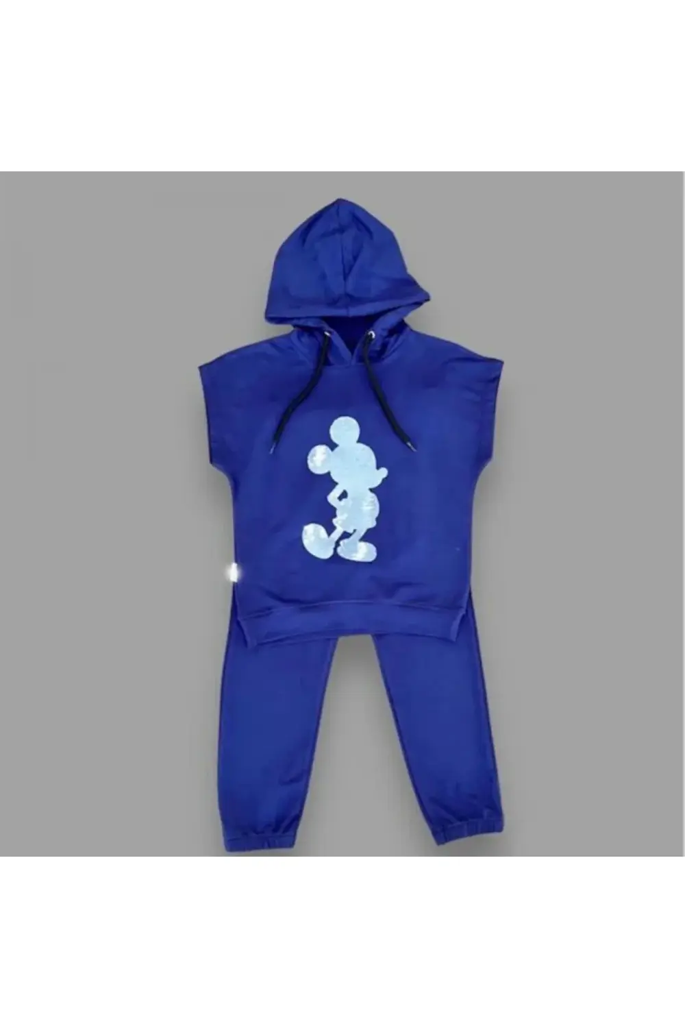 3-4-5 Yaş Kapşonlu Payetli Mickey Desenli Kısa Kol 2li Kız Erkek