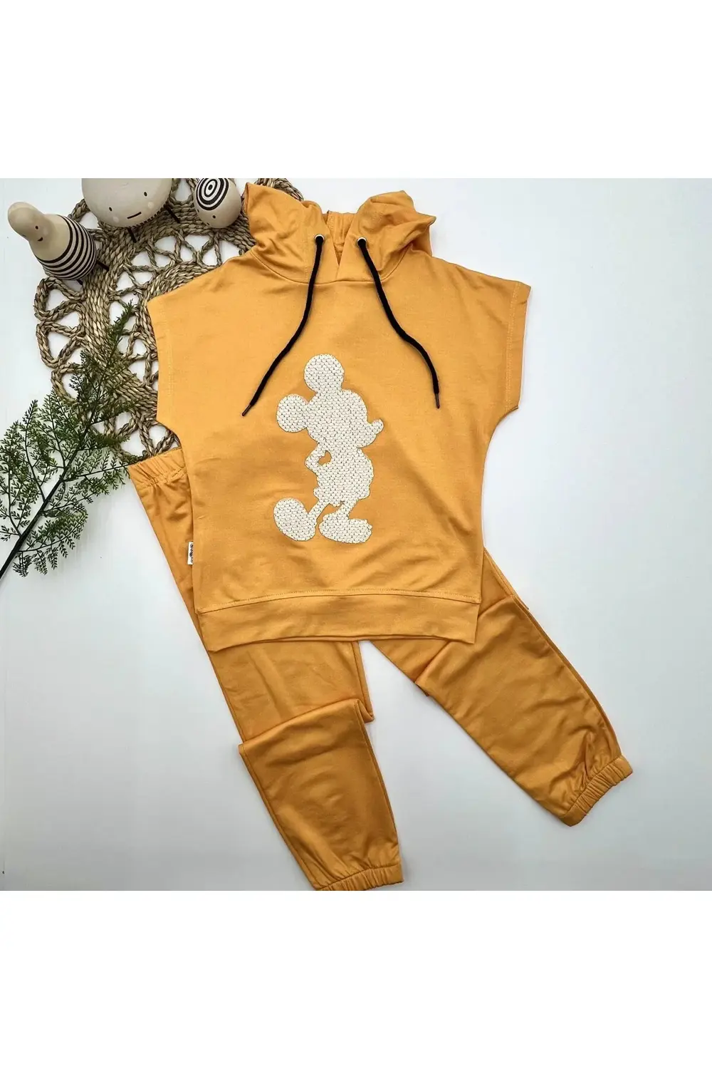 3-4-5 Yaş Kapşonlu Payetli Mickey Desenli Kısa Kol 2li Kız Erkek