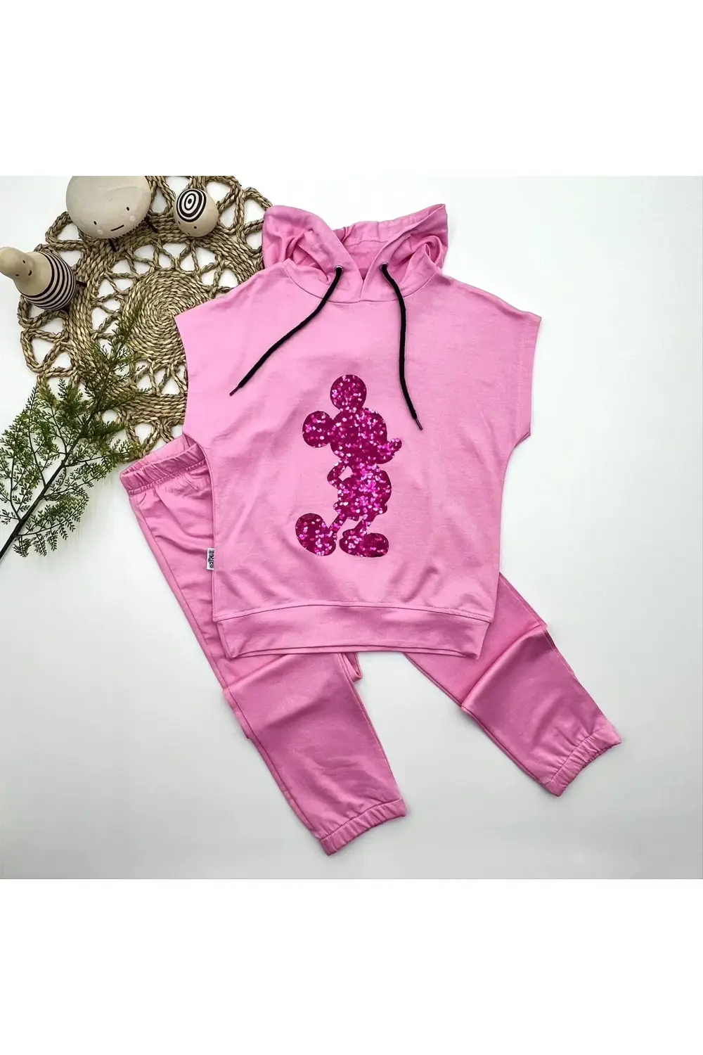 3-4-5 Yaş Kapşonlu Payetli Mickey Desenli Kısa Kol 2li Kız Erkek