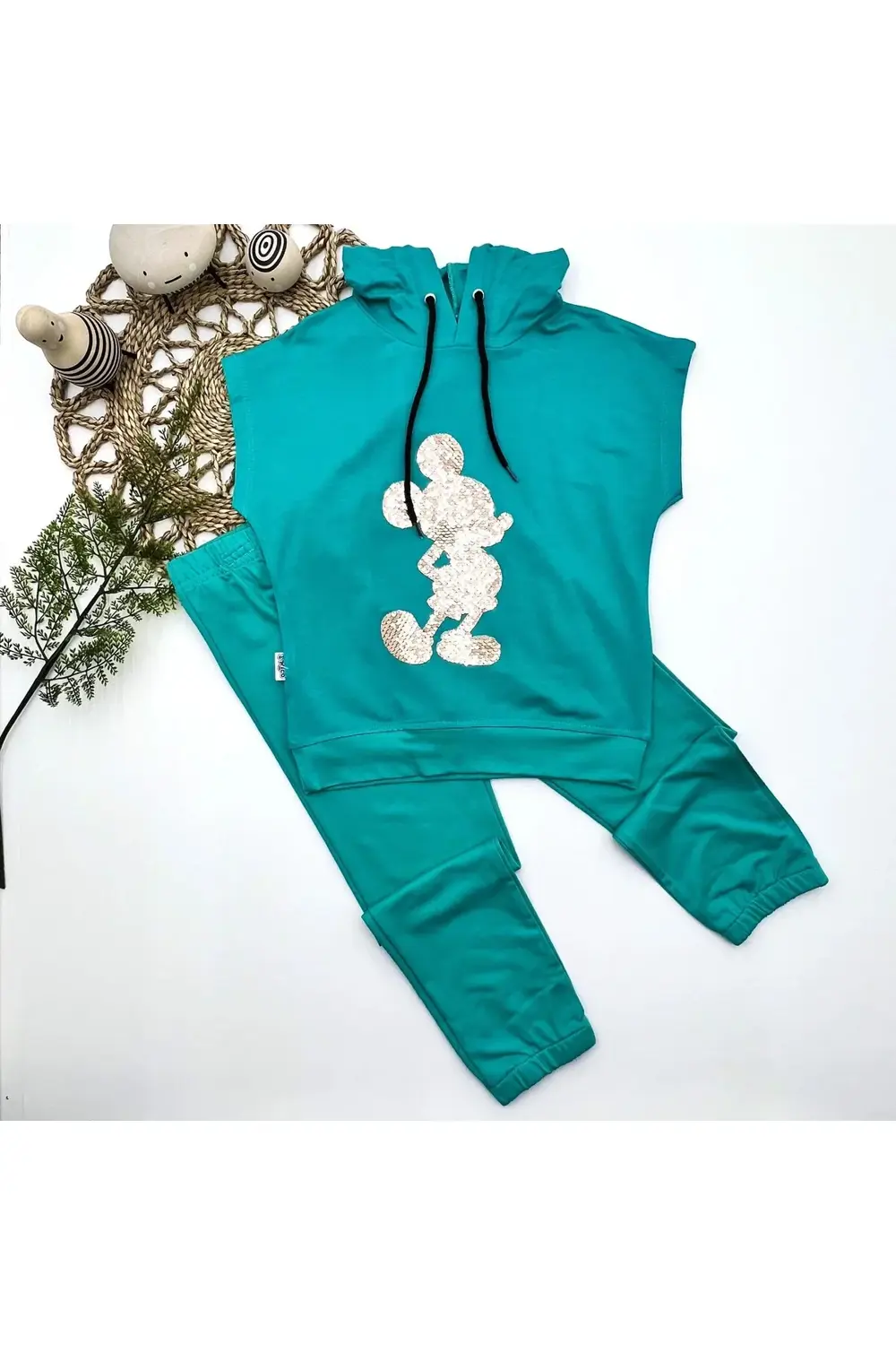 3-4-5 Yaş Kapşonlu Payetli Mickey Desenli Kısa Kol 2li Kız Erkek