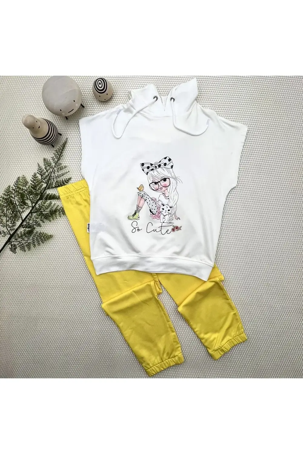 3-4-5 Yaş Kapşonlu Sevimli Kız Baskılı Kısa Kolu 2li Kız Erkek Ço