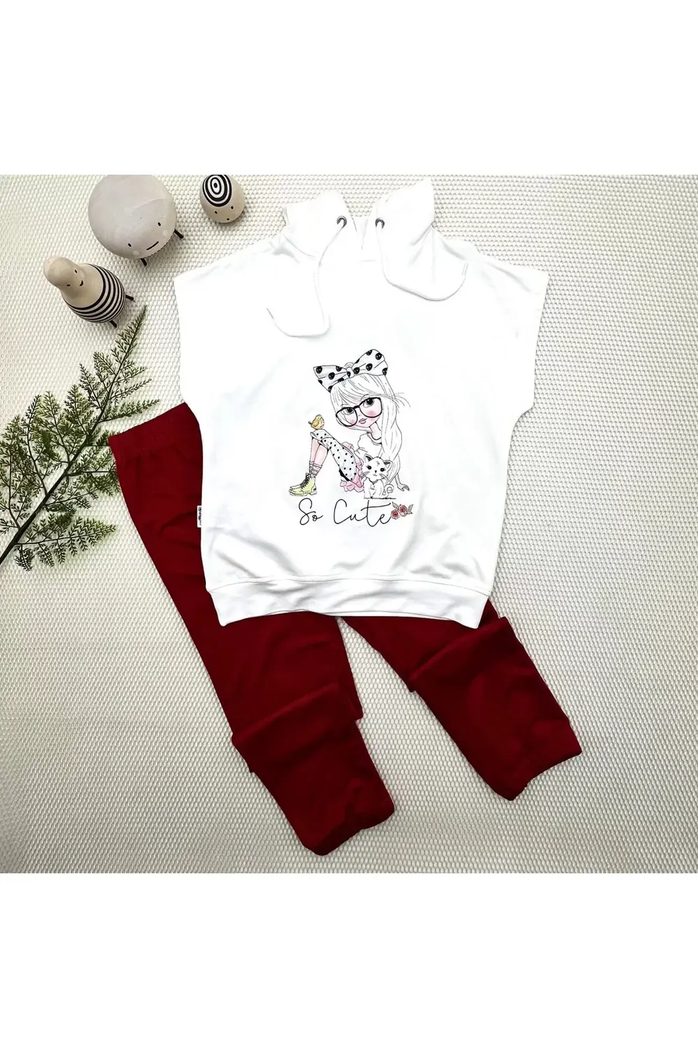 3-4-5 Yaş Kapşonlu Sevimli Kız Baskılı Kısa Kolu 2li Kız Erkek Ço