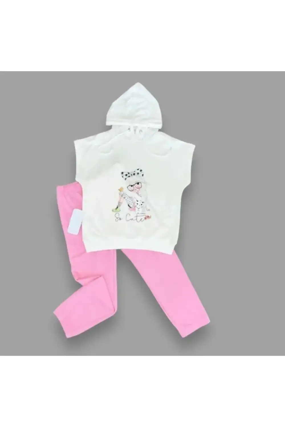 3-4-5 Yaş Kapşonlu Sevimli Kız Baskılı Kısa Kolu 2li Kız Erkek Ço