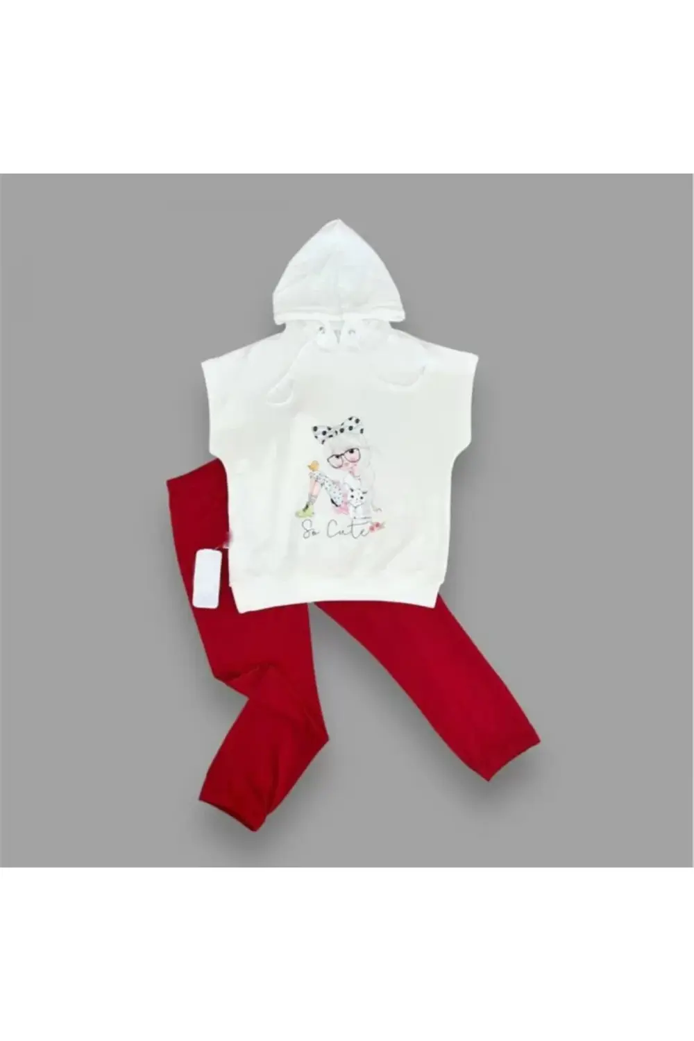 3-4-5 Yaş Kapşonlu Sevimli Kız Baskılı Kısa Kolu 2li Kız Erkek Ço