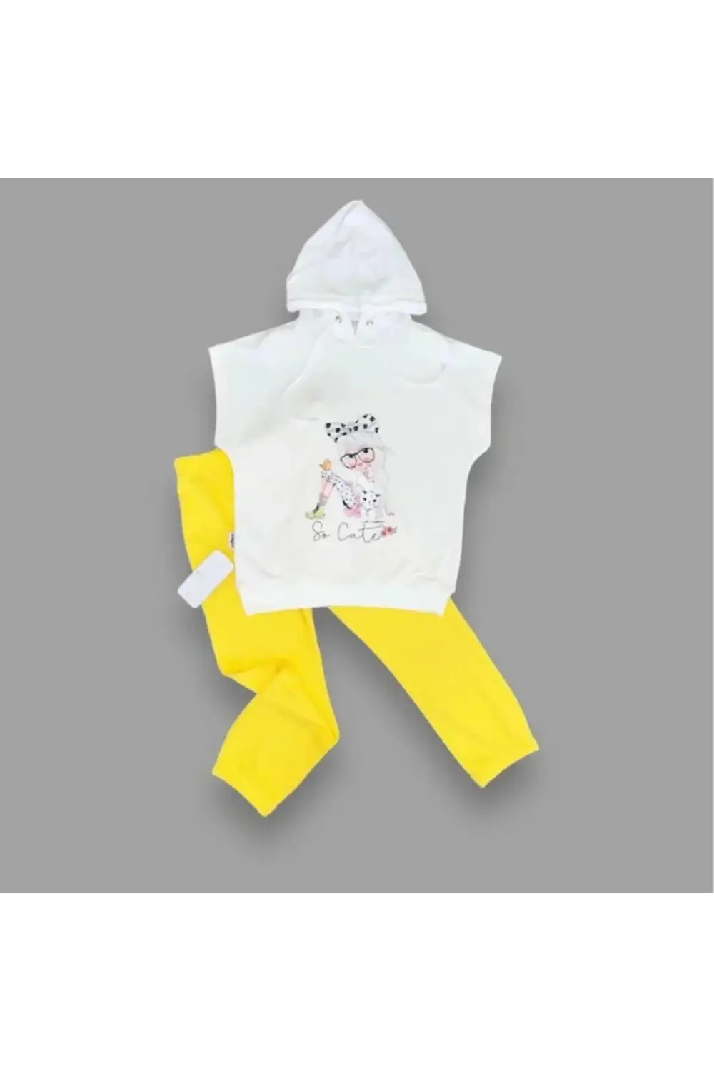 3-4-5 Yaş Kapşonlu Sevimli Kız Baskılı Kısa Kolu 2li Kız Erkek Ço