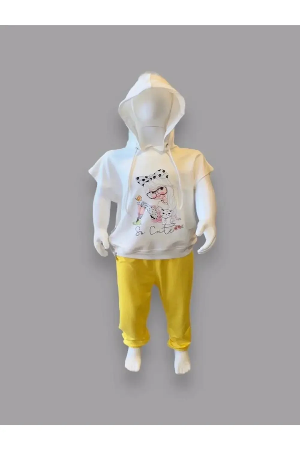 3-4-5 Yaş Kapşonlu Sevimli Kız Baskılı Kısa Kolu 2li Kız Erkek Ço