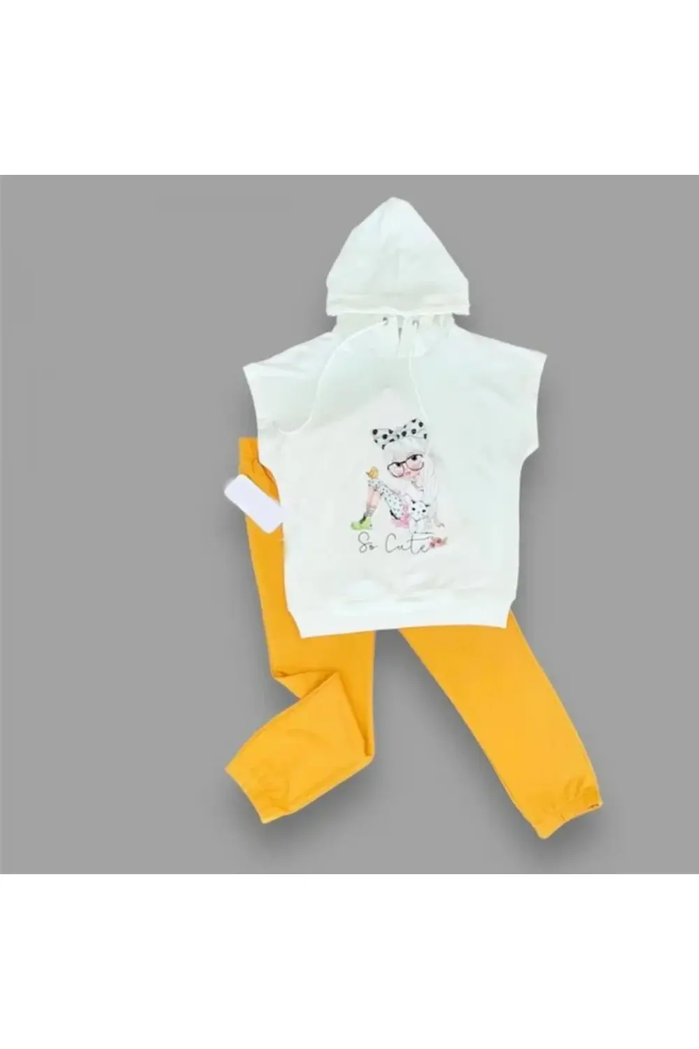 3-4-5 Yaş Kapşonlu Sevimli Kız Baskılı Kısa Kolu 2li Kız Erkek Ço