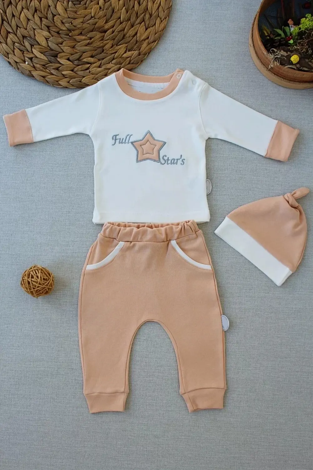 3-6 6-9 9-12 Ay Full Star Nakışlı Şapkalı Uzun Kollu Sweat 3lü Er