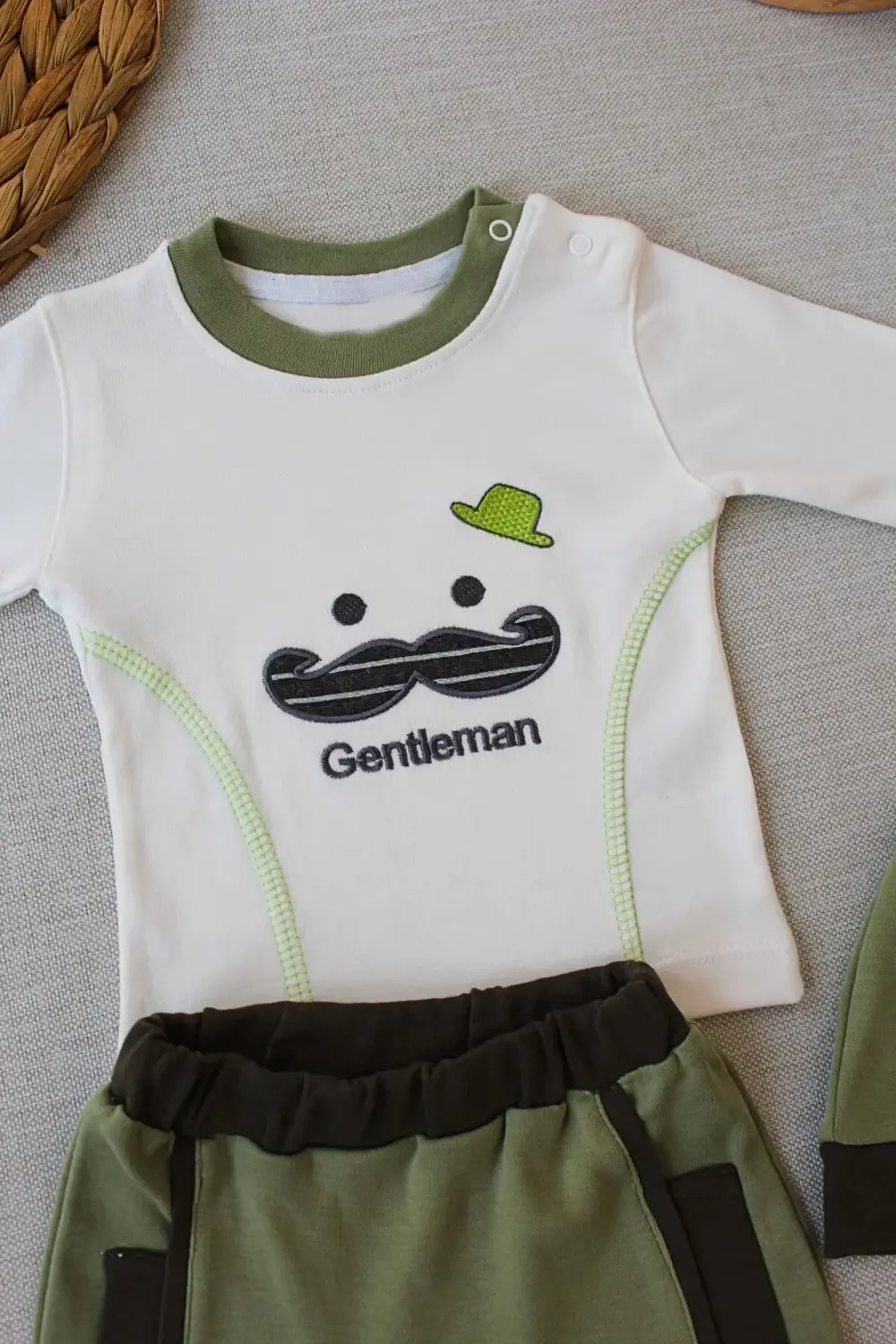 3-6 6-9 9-12 Ay Gentleman Erkek Nakışlı Şapkalı Uzun Kollu Sweat