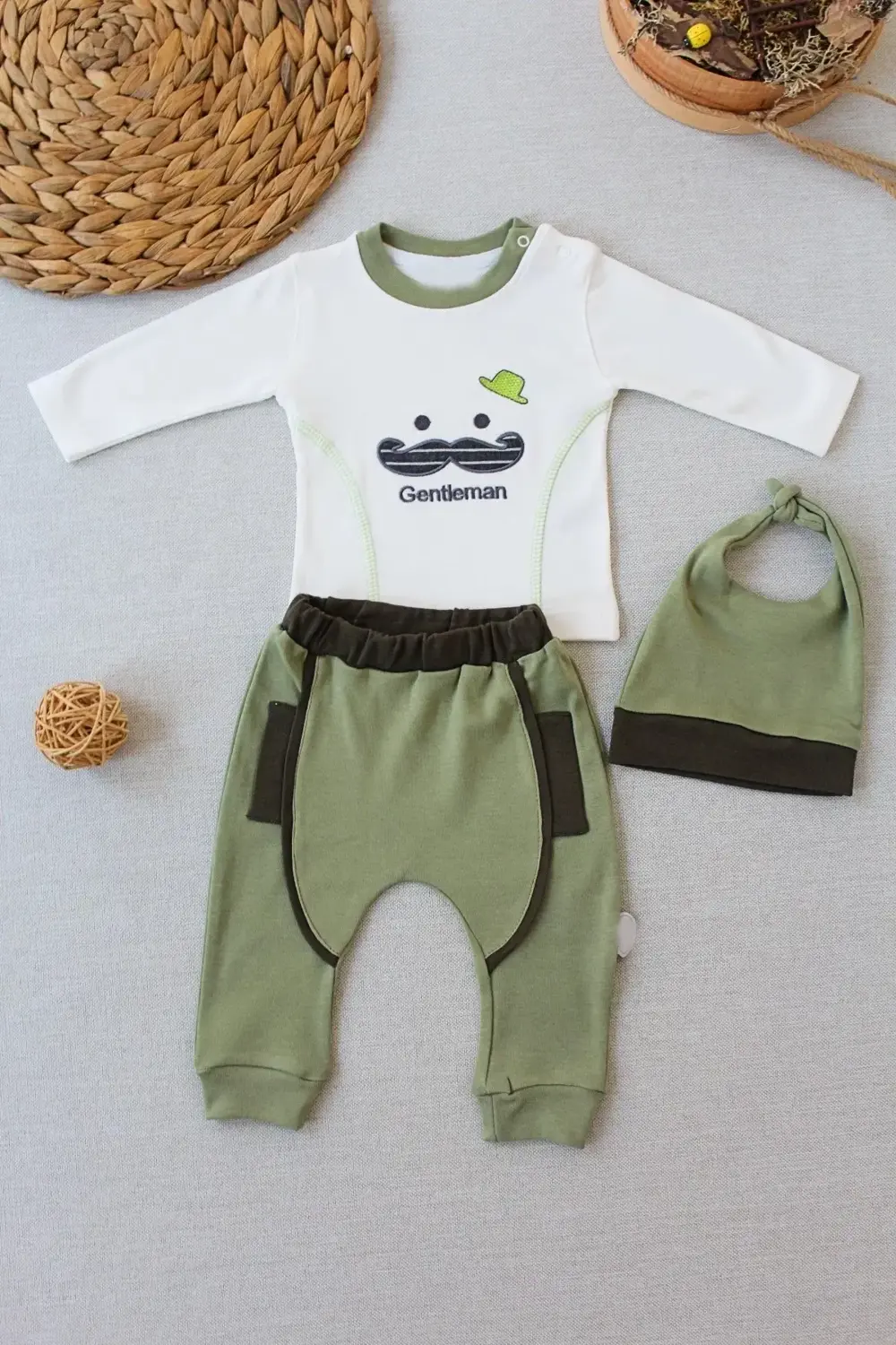 3-6 6-9 9-12 Ay Gentleman Erkek Nakışlı Şapkalı Uzun Kollu Sweat