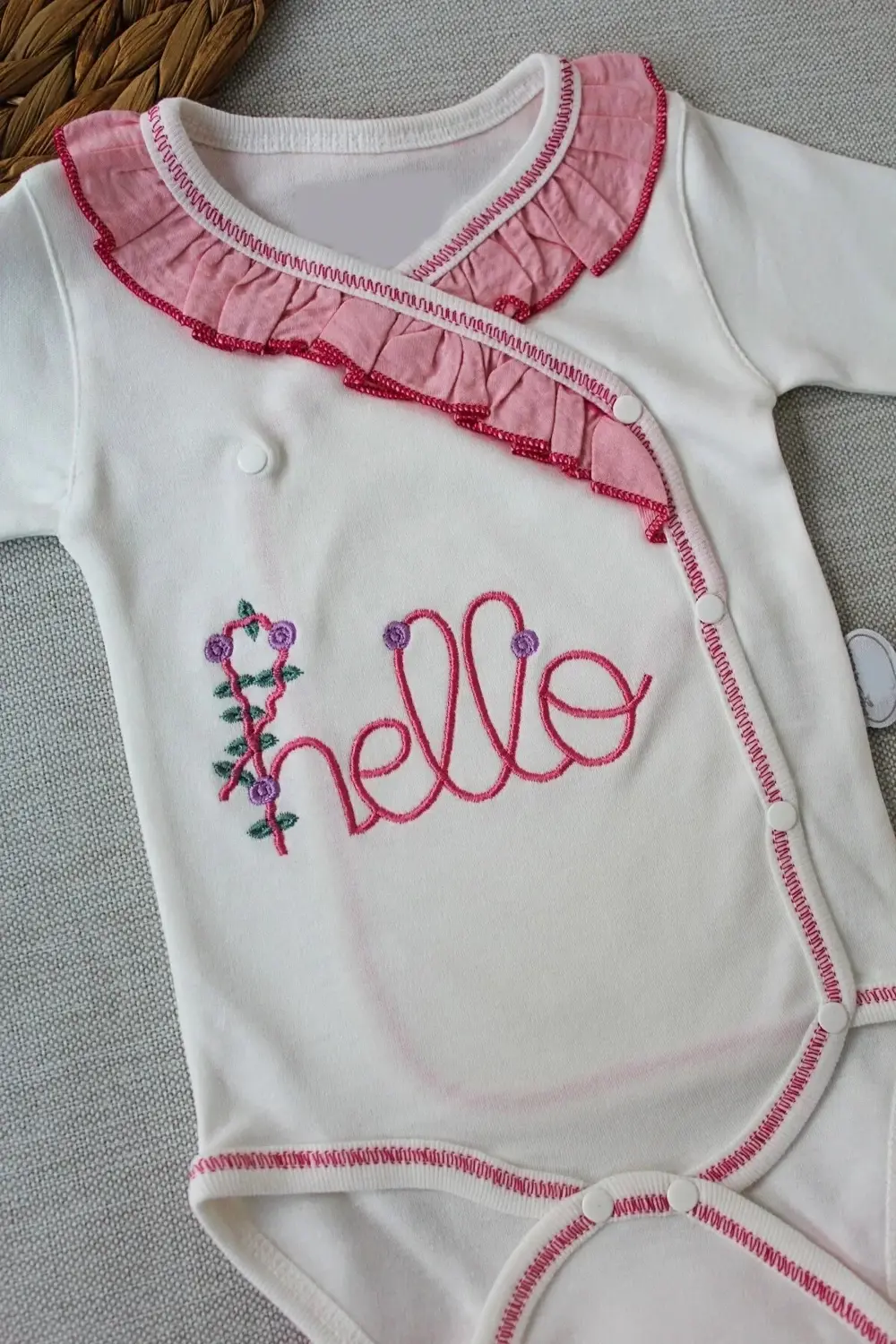 3-6 6-9 9-12 Ay Hello Nakışlı Kruvaze Bandanalı Uzun Kollu Zıbınl