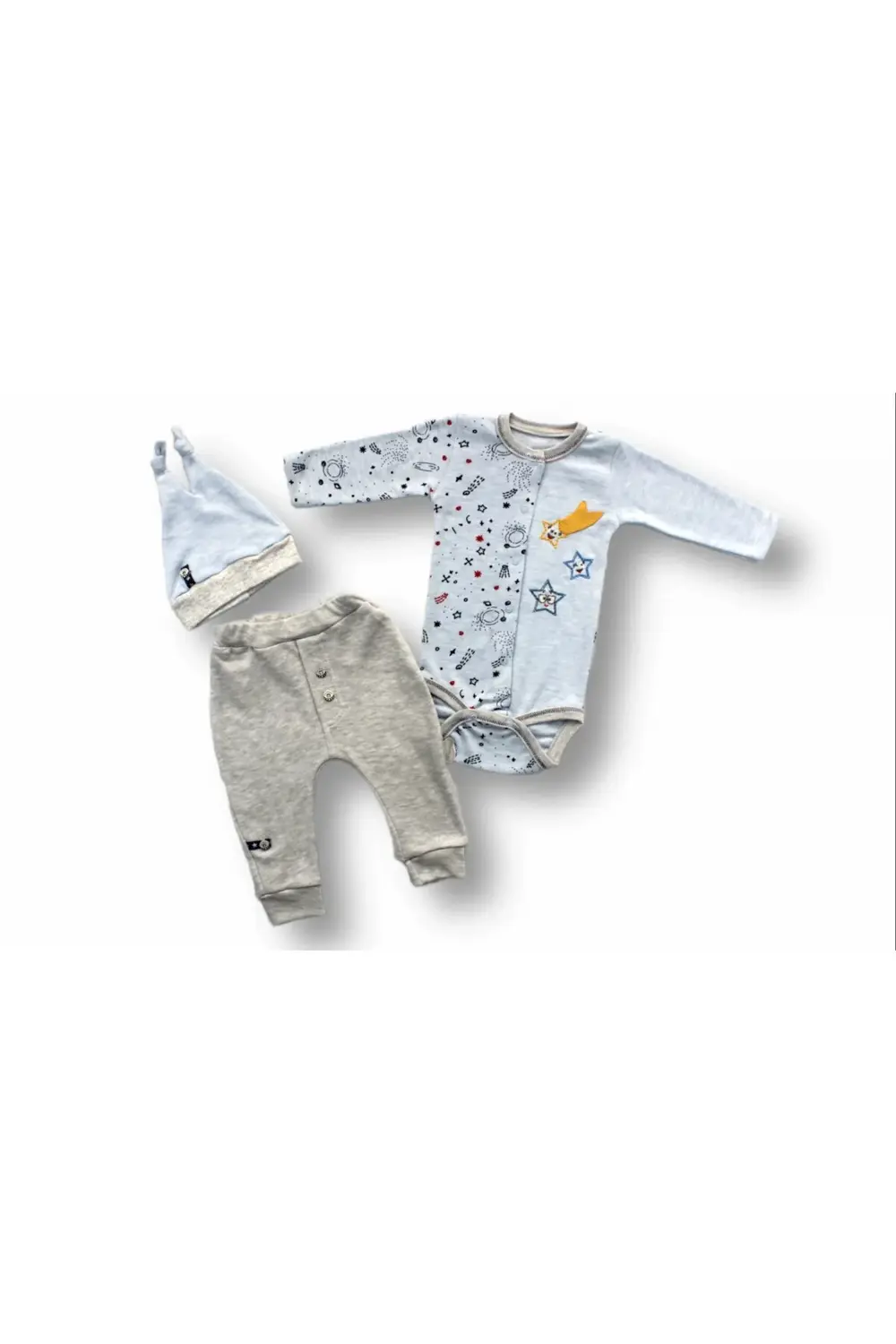 3-6 6-9 9-12 Ay Kuyruklu Yıldız Nakışlı Şapkalı Uzun Kollu Zıbınl