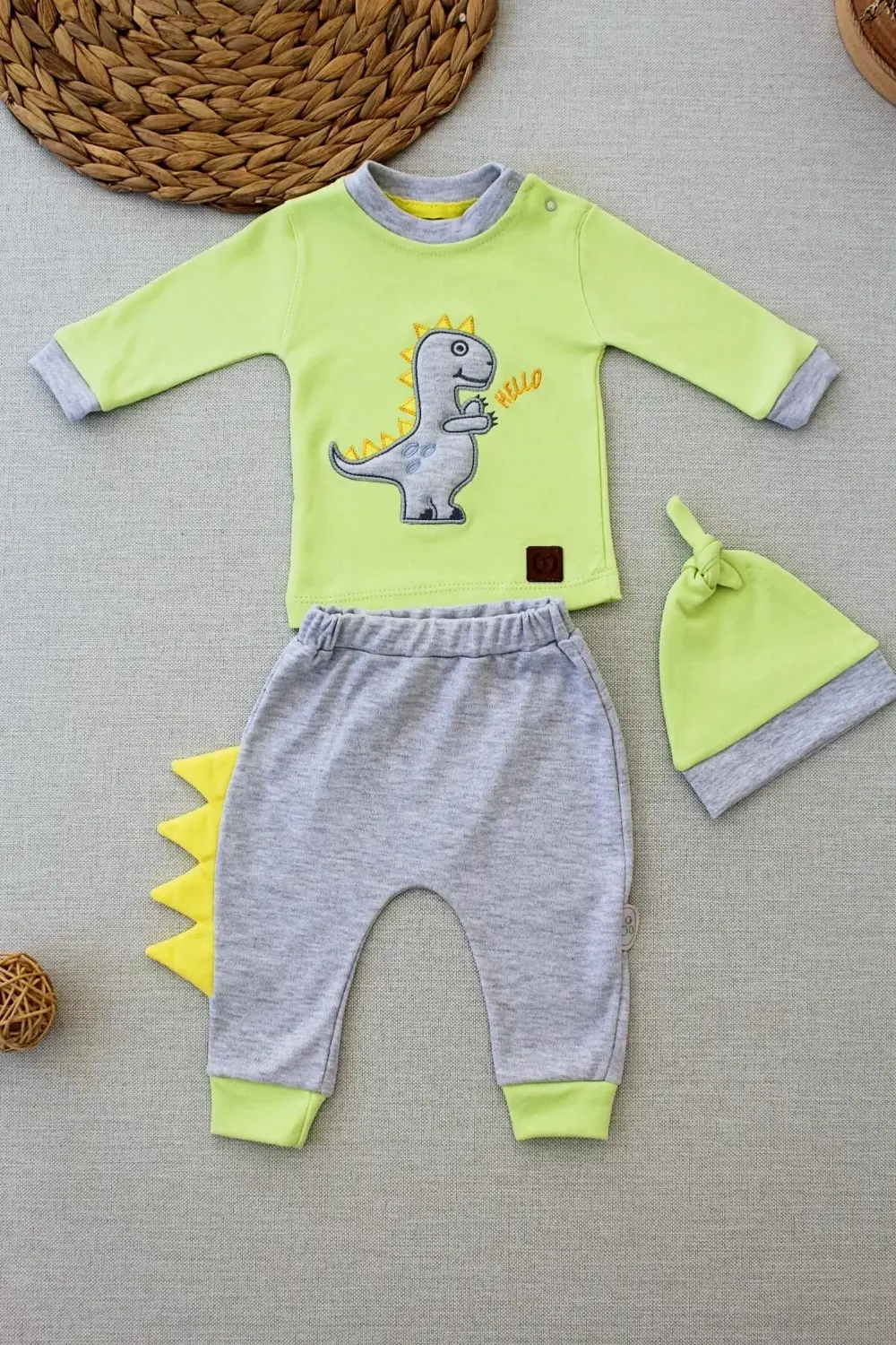 3-6 6-9 9-12 Ay Minik Dino Nakışlı Şapkalı Uzun Kollu Sweat 3lü K