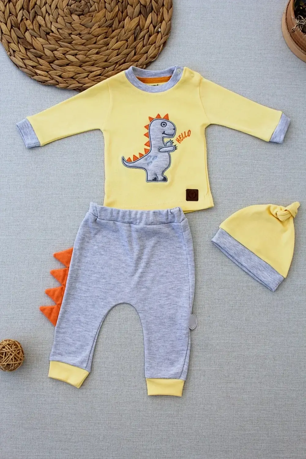 3-6 6-9 9-12 Ay Minik Dino Nakışlı Şapkalı Uzun Kollu Sweat 3lü K