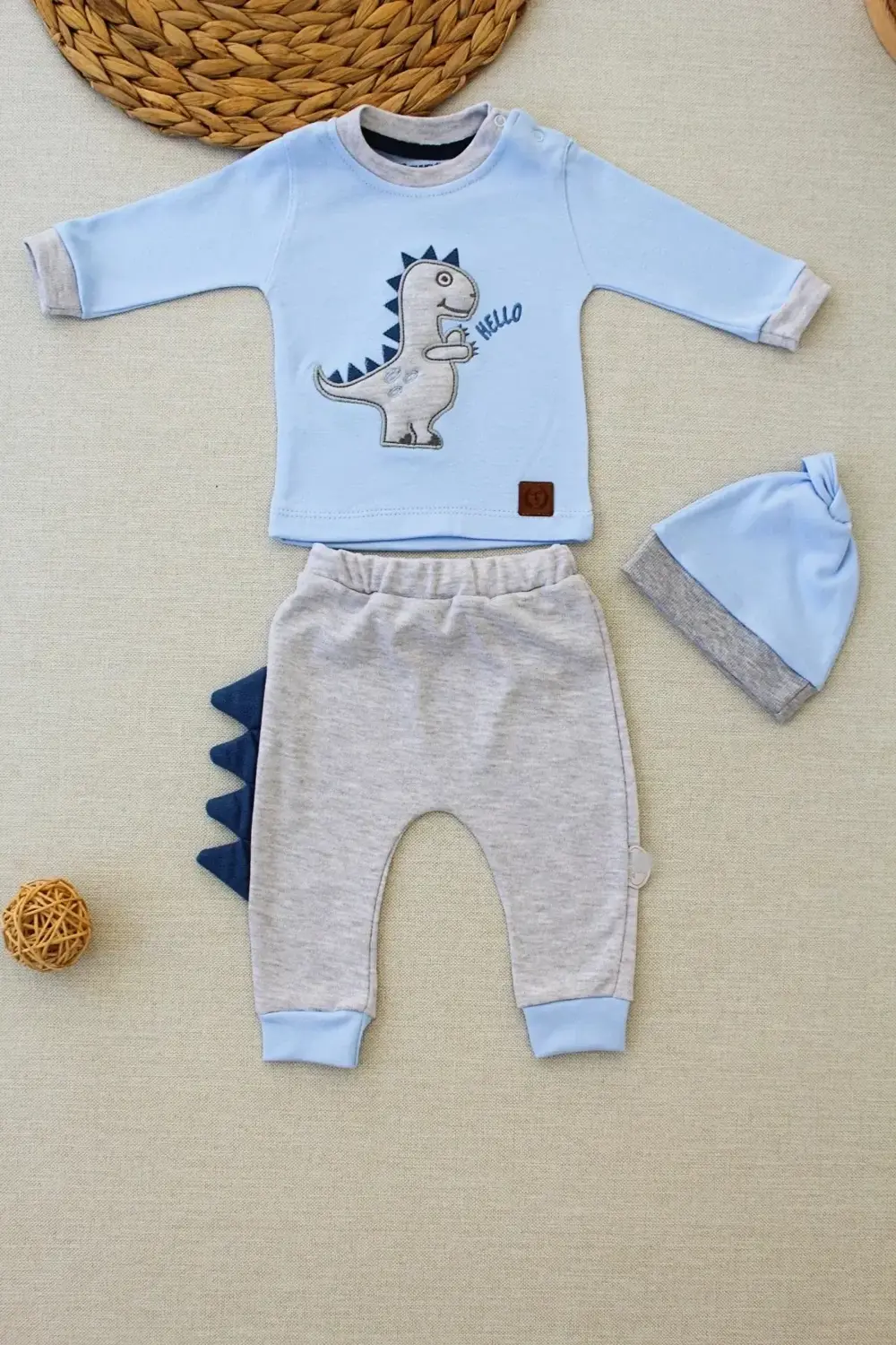 3-6 6-9 9-12 Ay Minik Dino Nakışlı Şapkalı Uzun Kollu Sweat 3lü K