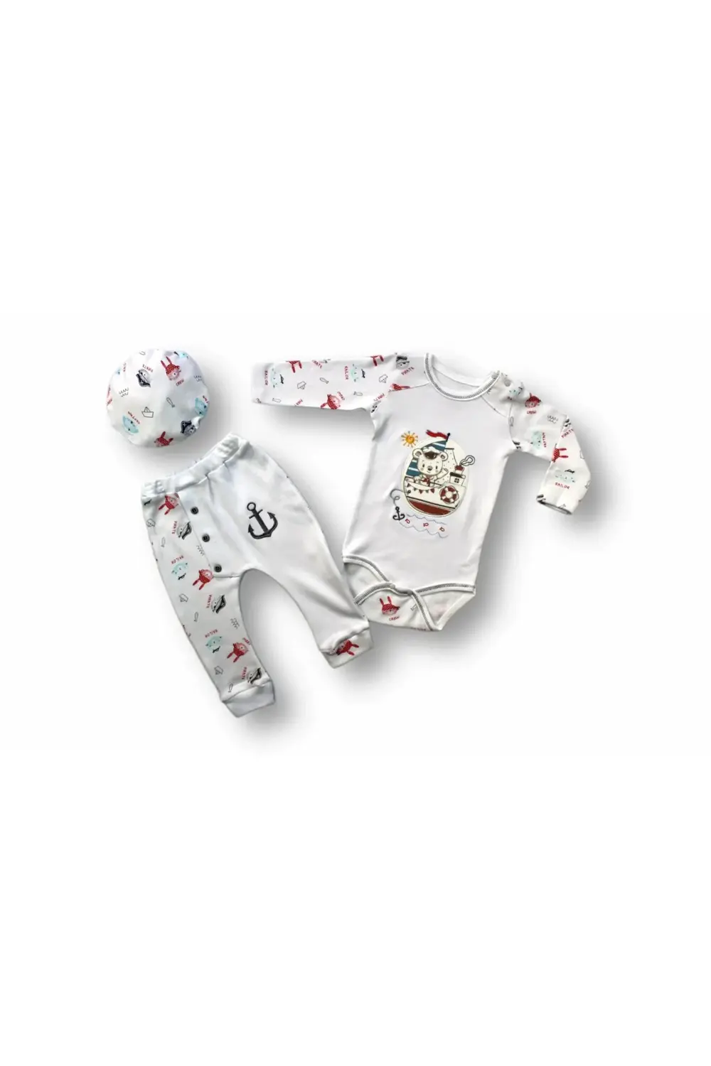 3-6 6-9 9-12 Ay Minik Korsan Nakışlı Şapkalı Uzun Kollu Zıbınlı 3