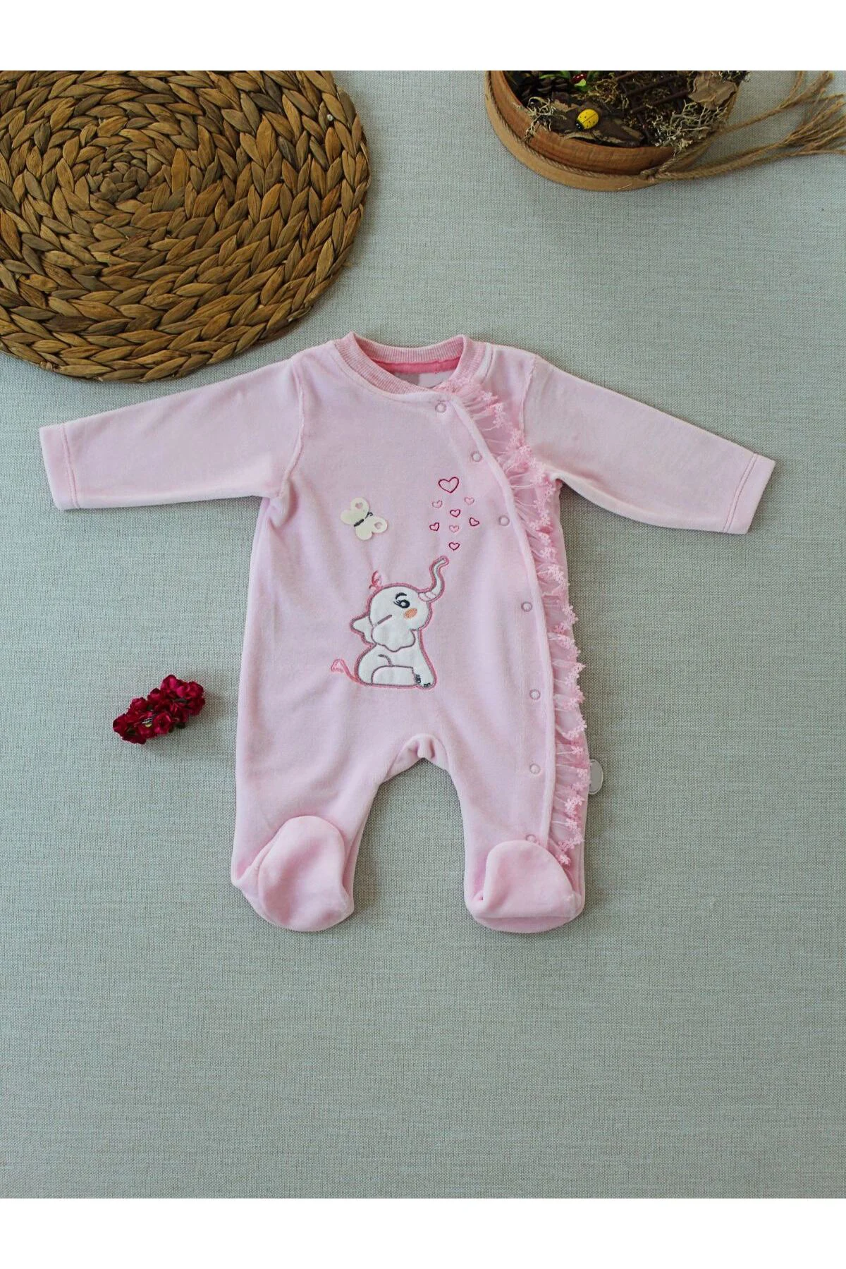 3-6 6-9 9-12 Ay Romantik Fil Nakışlı Pembe Süslü Kız Bebek Tulumu