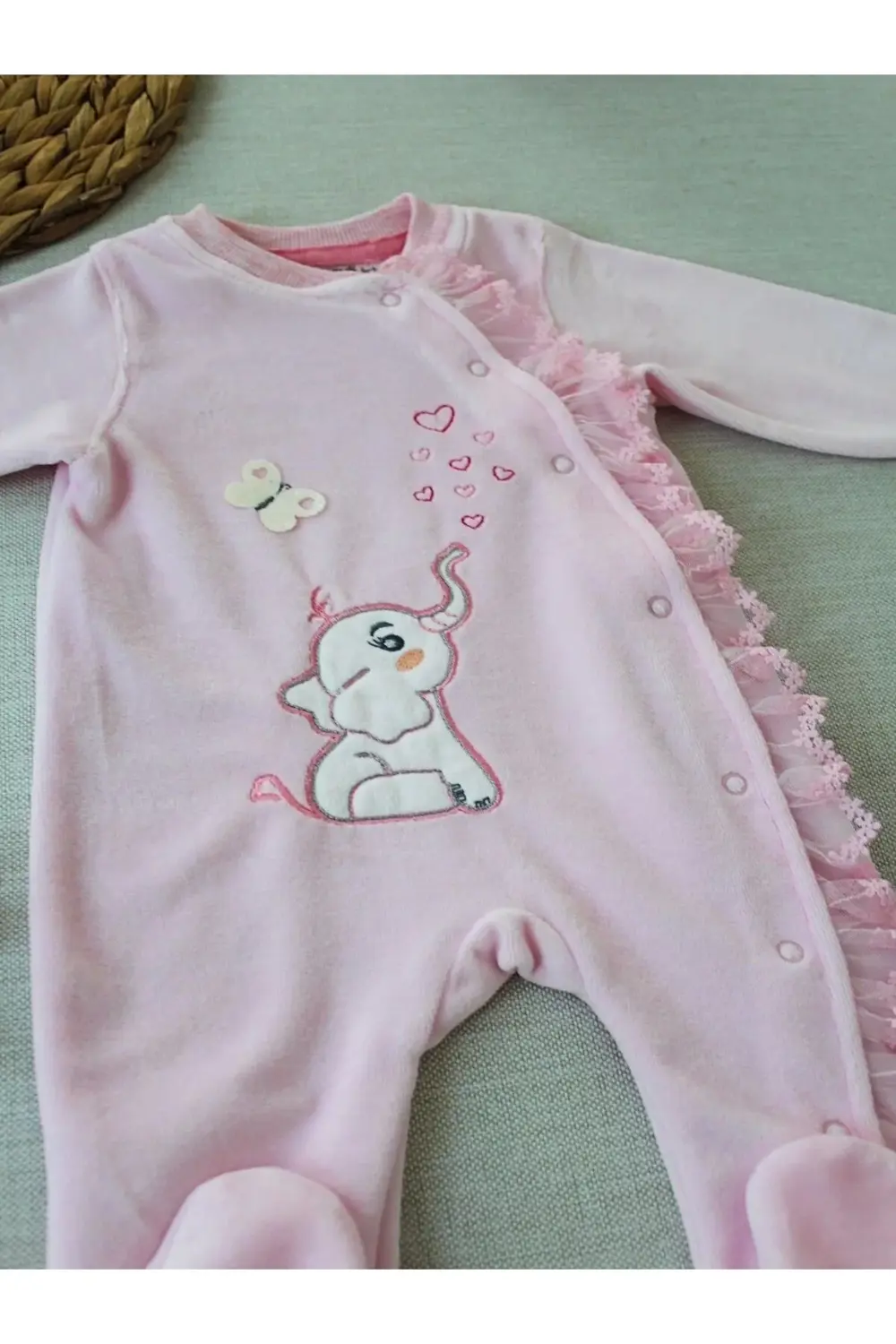 3-6 6-9 9-12 Ay Romantik Fil Nakışlı Pembe Süslü Kız Bebek Tulumu